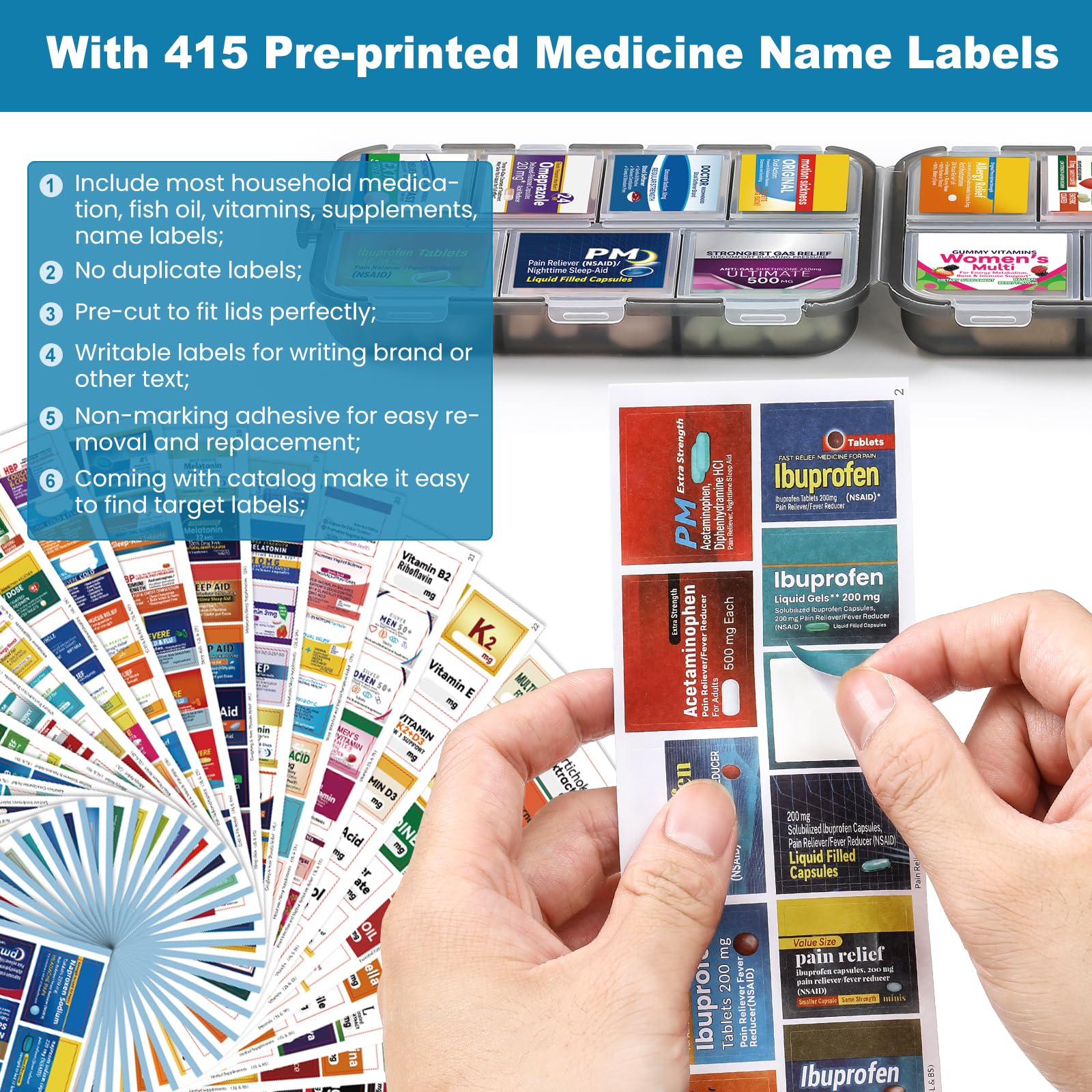 3 Pack 14 Grids Travel Pill Organizer Box with 415-Pcs Medicine Name Labels - Pocket Daily Pharmacy Case Container Kit - Travel Medication Holder Dispenser for Fish Oil Vitamin Supplement Storage