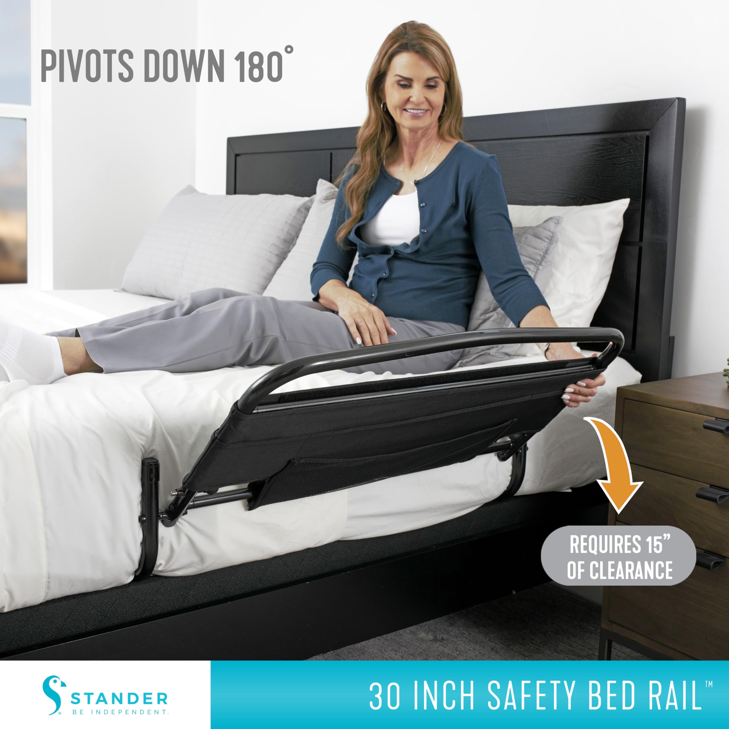 Stander 30inch Safety Bed Rail with Padded Pouch, Folding Guardrail for Adults, Seniors, and Elderly, Bedside Stand Assist Bar, Fits King, Queen, Full, and Twin Beds, ASTM Safety Approved Bedrail
