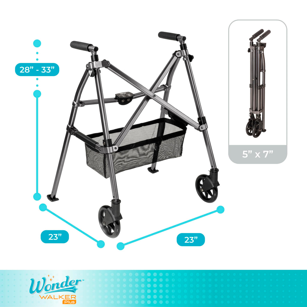 Stander Wonder Walker Plus, Lightweight Folding Mobility Aid for Adults, Seniors, and Elderly, Collapsible Travel EZ Fold-N-Go with Wheels, Glides, & Basket, Black Walnut