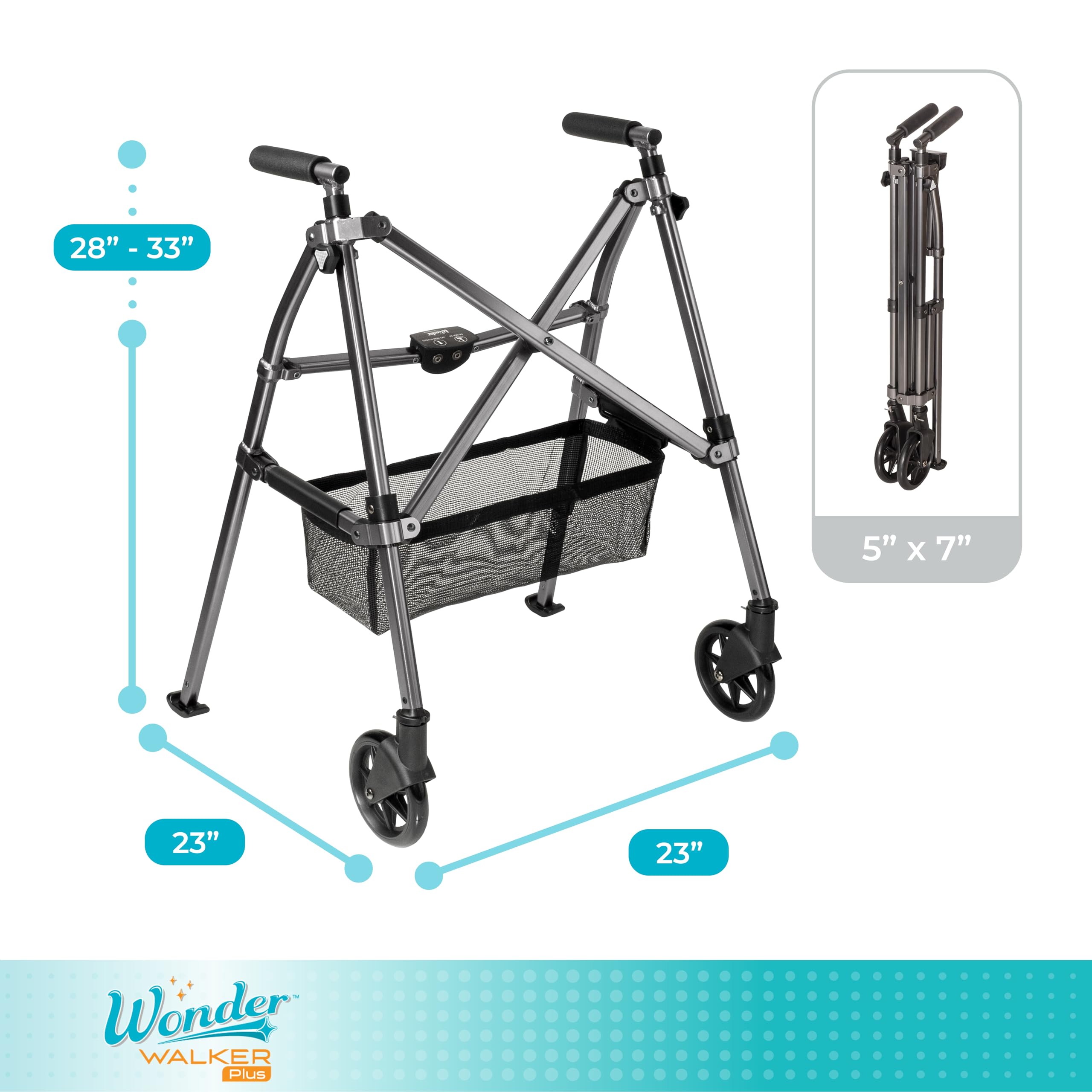 Stander Wonder Walker Plus, Lightweight Folding Mobility Aid for Adults, Seniors, and Elderly, Collapsible Travel EZ Fold-N-Go with Wheels, Glides, & Basket, Black Walnut