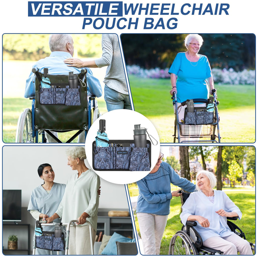 2 Pack Wheelchair Side Bag with Cup Holder, Wheelchair Armrest Pouch Accessories for Walker, Rollator, Electric Scooter Wheelchairs, Ideal Gift for Mother's Day & Father's Day