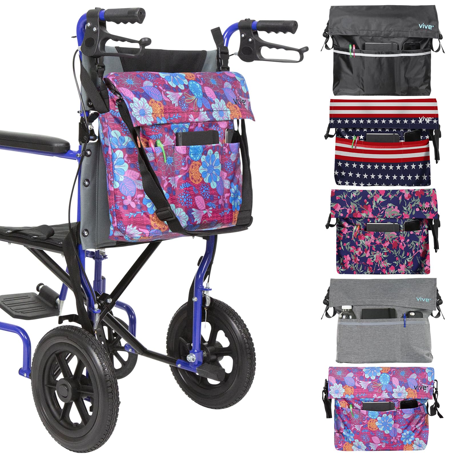 Vive XL Wheelchair Bag - Waterproof, Scratch-Resistant, Double-Stitched, Machine Washable Accessory for Adults, Seniors, 15 Colors - Storage Walker Backpack to Hang on Back of Wheel Chair