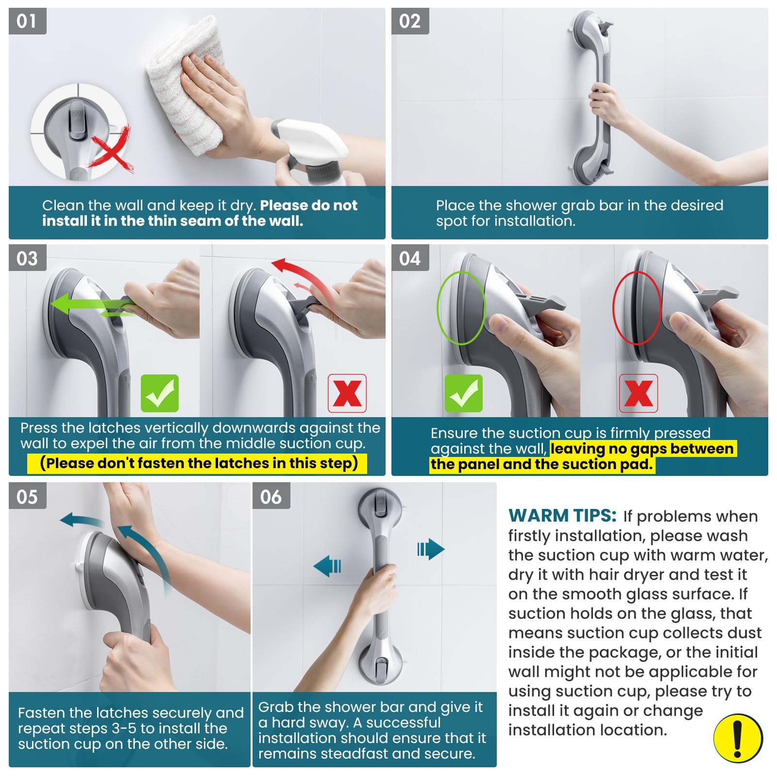 TAILI Grab Bars for Bathtubs and Showers 2 Pack Suction Grab Bar, Heavy Duty Shower Handle Removable Bath Handrails for Seniors and Elderly, Bathroom Safety Grip No Drilling Waterproof,Grey
