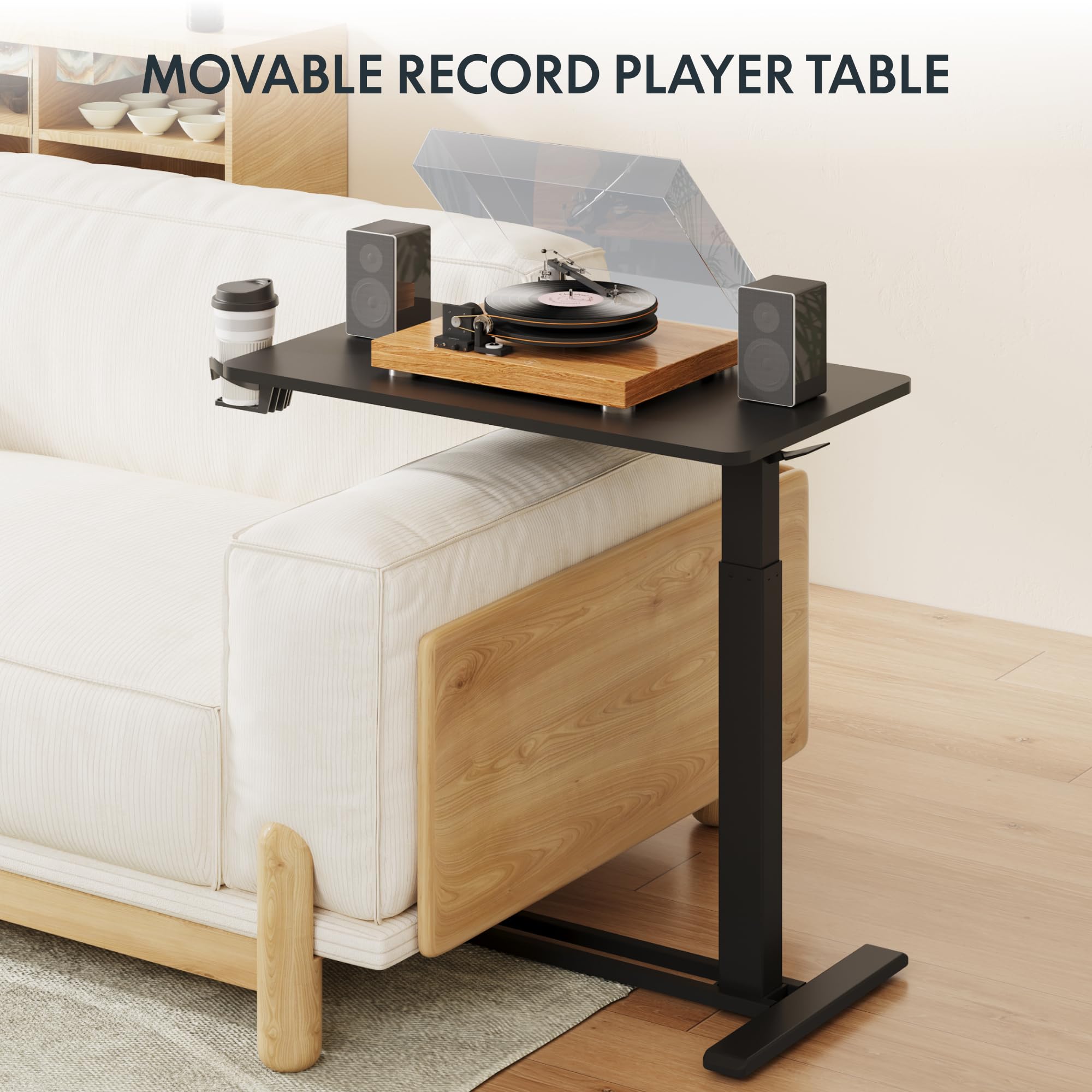 FLEXISPOT H7 Adjustable Overbed Bedside Table with Wheels Pneumatic Mobile Standing Desk Laptop Desk Rolling Computer Cart Movable Overbed Table Hospital Home Use(27.6" W x 15.7" D, White)
