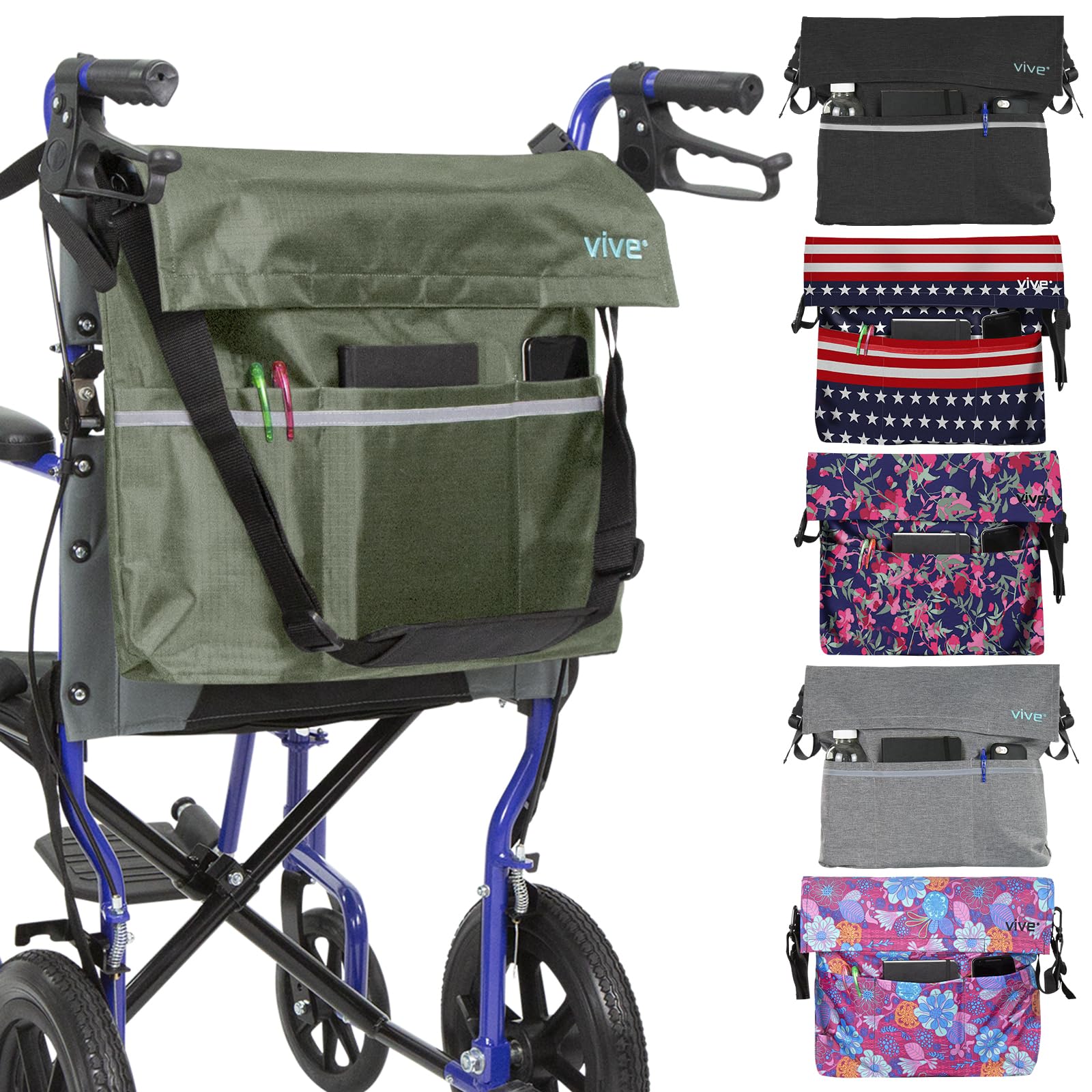 Vive XL Wheelchair Bag - Waterproof, Scratch-Resistant, Double-Stitched, Machine Washable Accessory for Adults, Seniors, 15 Colors - Storage Walker Backpack to Hang on Back of Wheel Chair