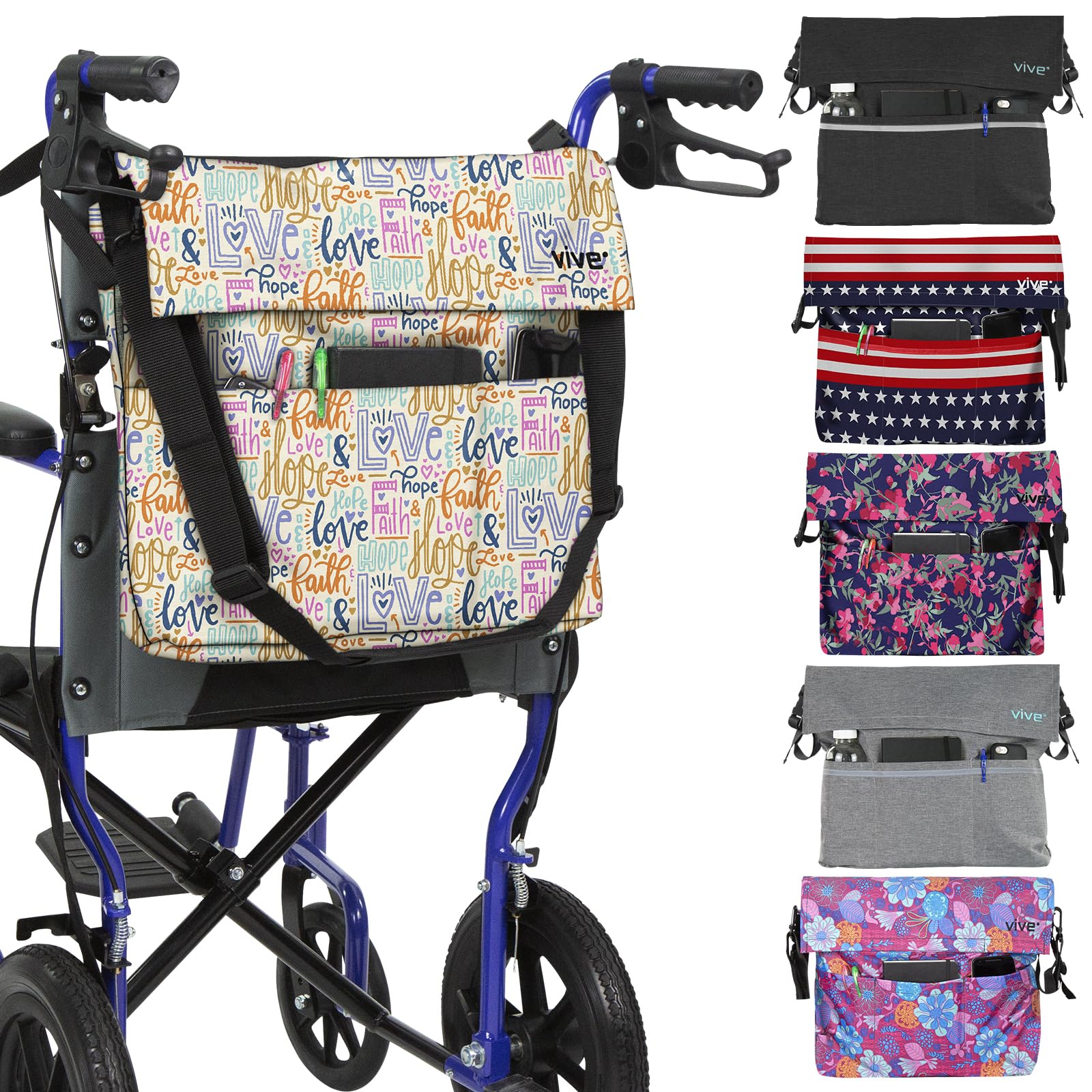 Vive XL Wheelchair Bag - Waterproof, Scratch-Resistant, Double-Stitched, Machine Washable Accessory for Adults, Seniors, 15 Colors - Storage Walker Backpack to Hang on Back of Wheel Chair