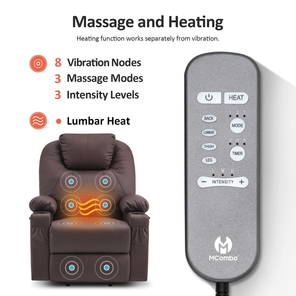 MCombo Electric Power Lift Recliner Chair Sofa with Massage and Heat for Elderly, 3 Positions, 2 Side Pockets, and Cup Holders, USB Ports, Faux Leather 7040 (Light Brown, Medium)