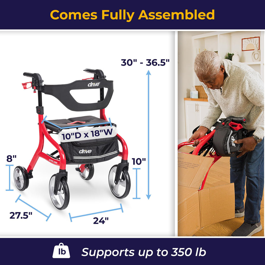 Drive Medical Nitro Sprint Foldable Rollator Walker with Seat, Standard Height Lightweight Large Wheels, Folding Rolling Walker, Red 1 Count 19 pounds