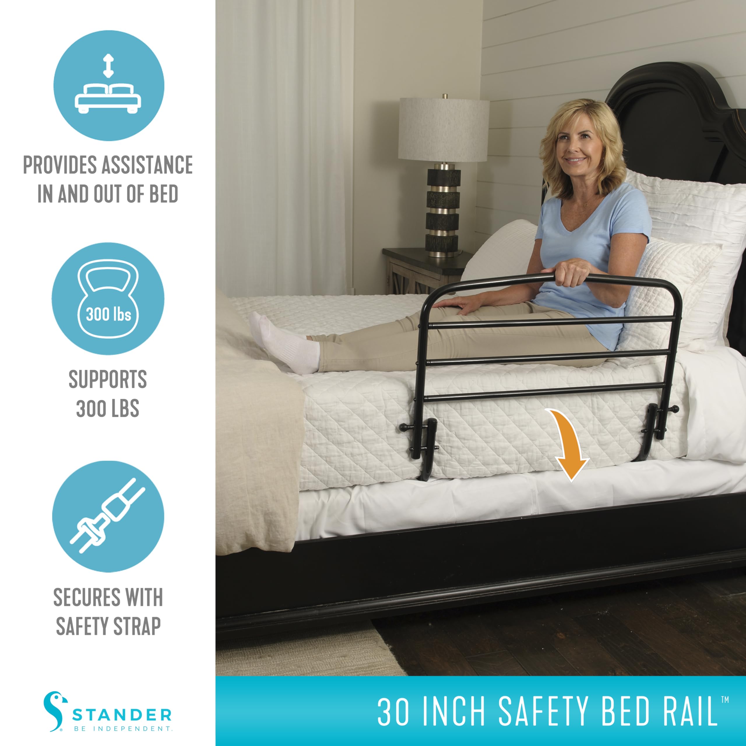 Stander 30inch Safety Bed Rail with Padded Pouch, Folding Guardrail for Adults, Seniors, and Elderly, Bedside Stand Assist Bar, Fits King, Queen, Full, and Twin Beds, ASTM Safety Approved Bedrail