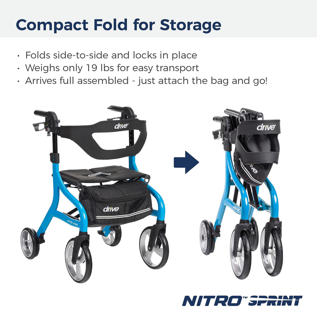 Drive Medical Nitro Sprint Foldable Rollator Walker with Seat, Standard Height Lightweight Large Wheels, Folding Rolling Walker, Red 1 Count 19 pounds
