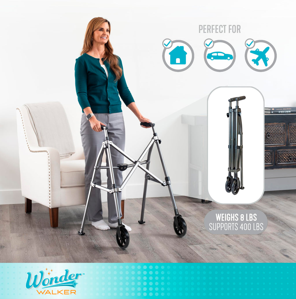 Stander Space Saver Walker, Lightweight Folding Rolling Mobility Aid for Seniors & Adults, Compact 2-Wheel Disability Device with 6-inch Wheels & Ski Glides for Walking Support, Cobalt Blue