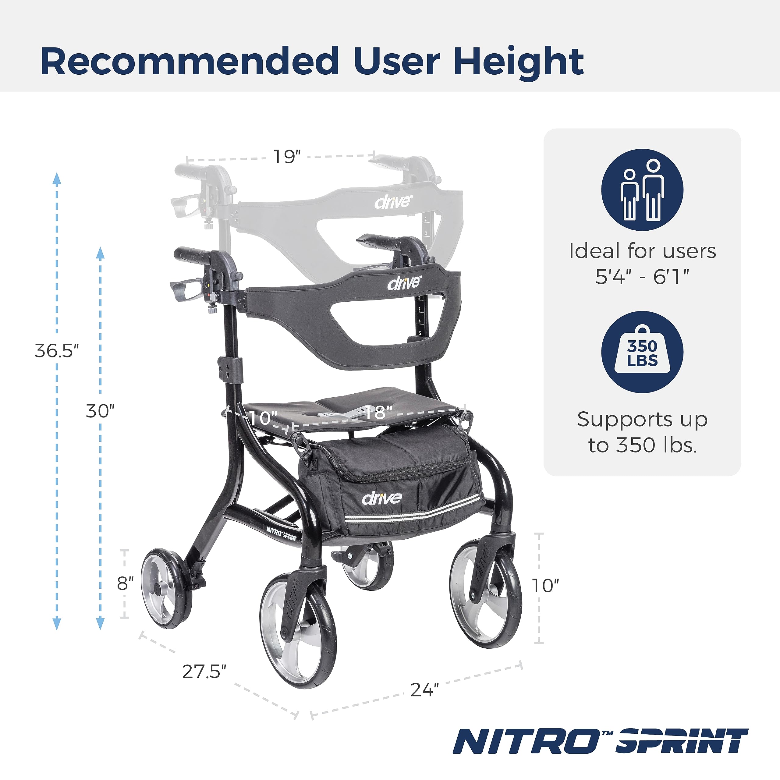 Drive Medical Nitro Sprint Foldable Rollator Walker with Seat, Standard Height Lightweight Large Wheels, Folding Rolling Walker, Red 1 Count 19 pounds