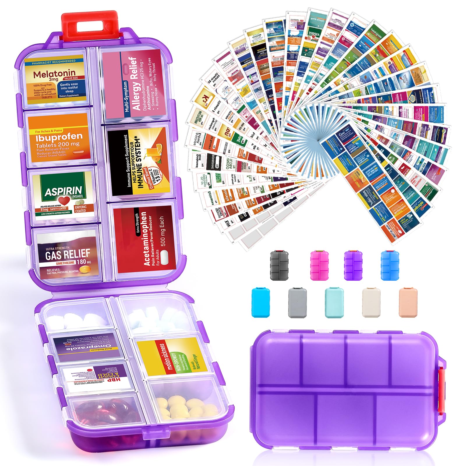 3 Pack 14 Grids Travel Pill Organizer Box with 415-Pcs Medicine Name Labels - Pocket Daily Pharmacy Case Container Kit - Travel Medication Holder Dispenser for Fish Oil Vitamin Supplement Storage