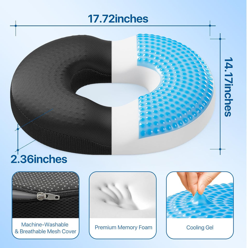 Donut Pillow Seat Cushion - Memory Foam Cooling Gel Lifting Cushion for Office & Home Chair, – Doctor Recommended Office Chair Cushion, Car Seat Cushion – Cushions for Back (Black)