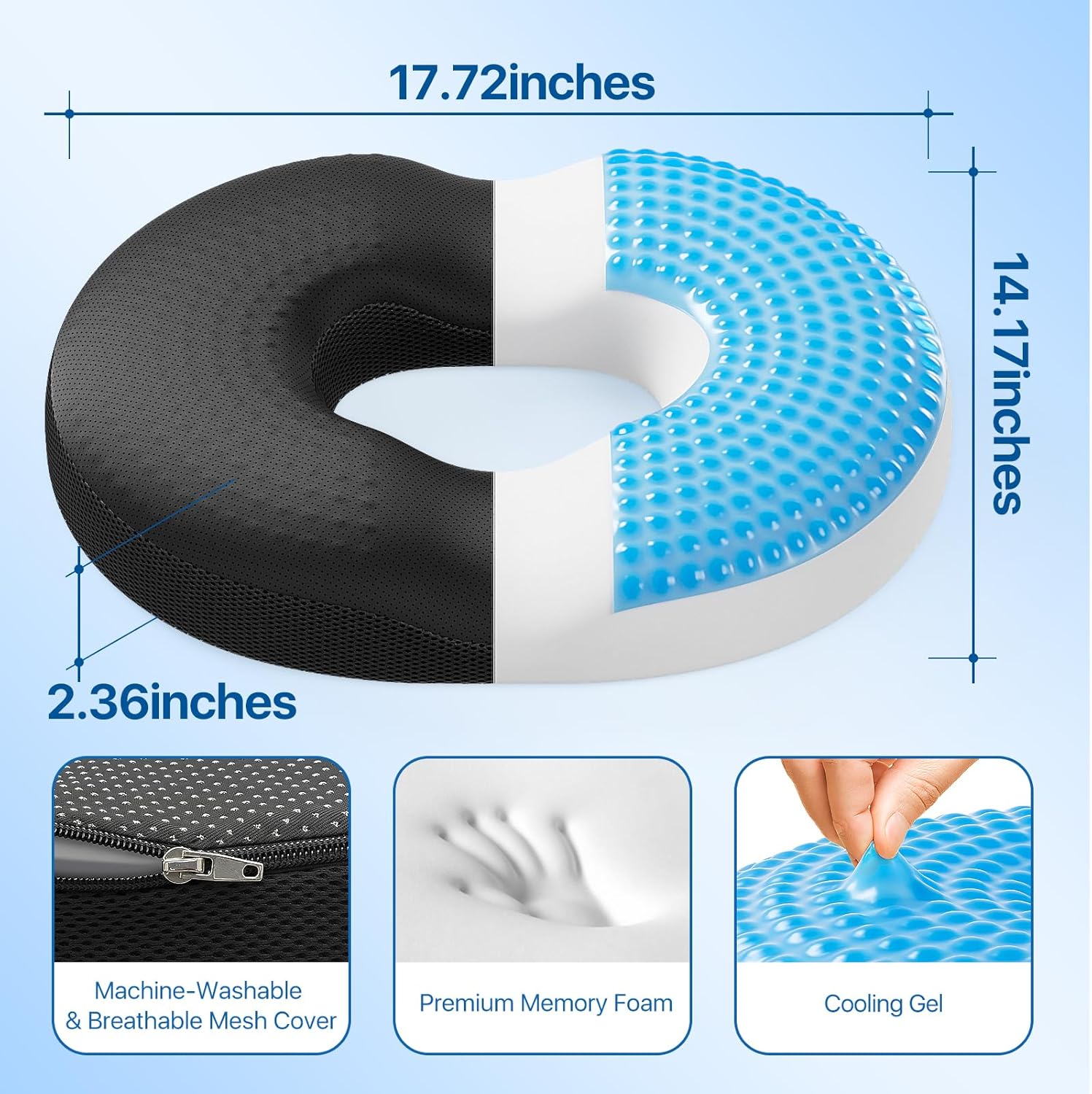 Donut Pillow Seat Cushion - Memory Foam Cooling Gel Lifting Cushion for Office & Home Chair, – Doctor Recommended Office Chair Cushion, Car Seat Cushion – Cushions for Back (Black)