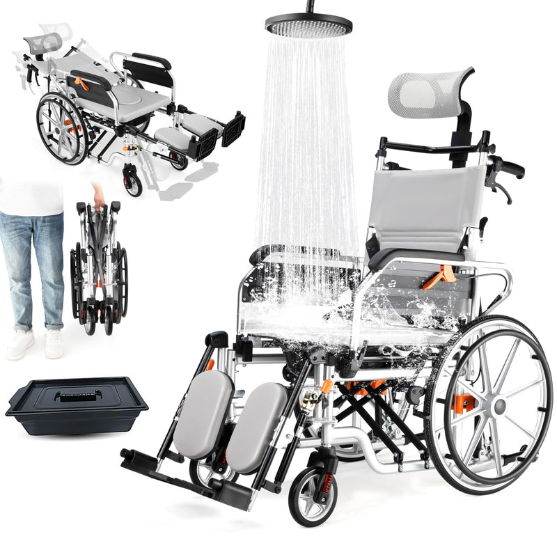 Super Lightweight Portable Transit Travel Wheelchair, Upgraded Folding Transport Wheelchairs (Weight 26.7lbs) for Adults and Seniors, Come with Telescopic Handle and Travel Bag