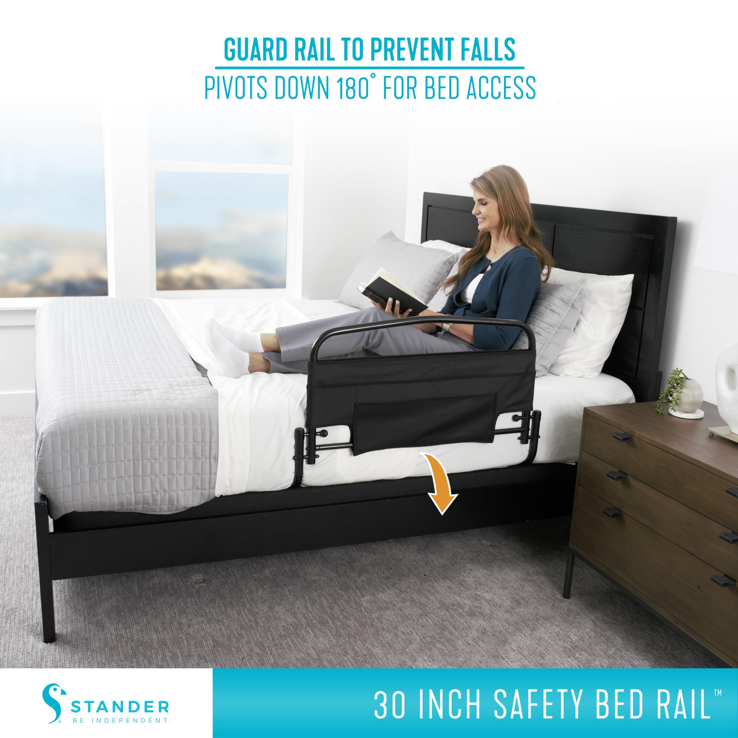 Stander 30inch Safety Bed Rail with Padded Pouch, Folding Guardrail for Adults, Seniors, and Elderly, Bedside Stand Assist Bar, Fits King, Queen, Full, and Twin Beds, ASTM Safety Approved Bedrail