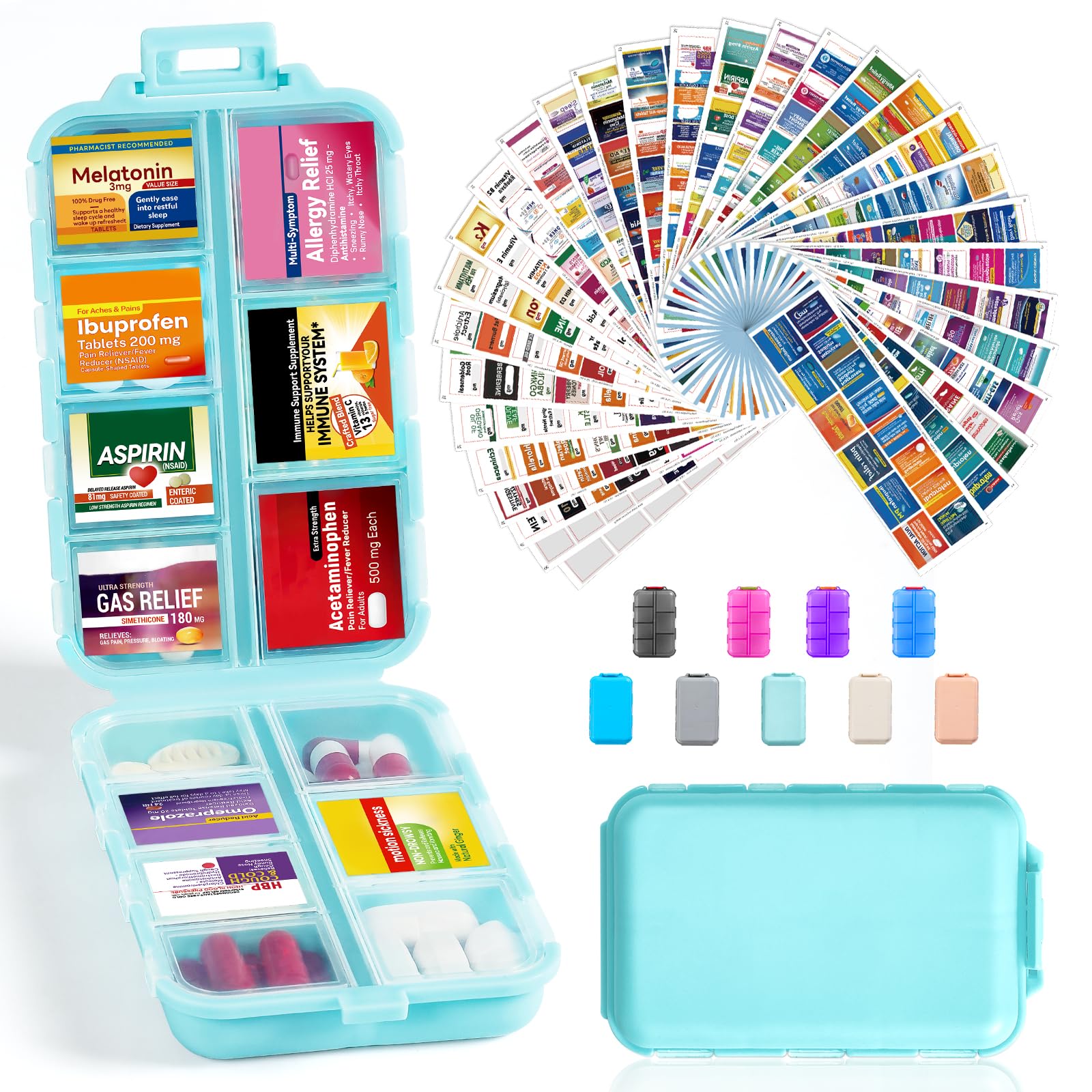 3 Pack 14 Grids Travel Pill Organizer Box with 415-Pcs Medicine Name Labels - Pocket Daily Pharmacy Case Container Kit - Travel Medication Holder Dispenser for Fish Oil Vitamin Supplement Storage