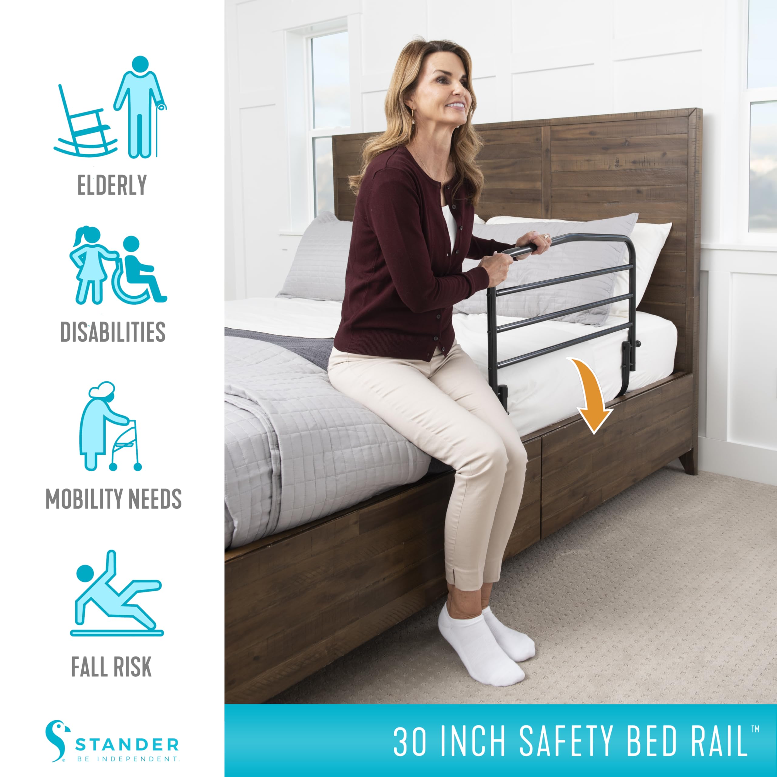 Stander 30inch Safety Bed Rail with Padded Pouch, Folding Guardrail for Adults, Seniors, and Elderly, Bedside Stand Assist Bar, Fits King, Queen, Full, and Twin Beds, ASTM Safety Approved Bedrail