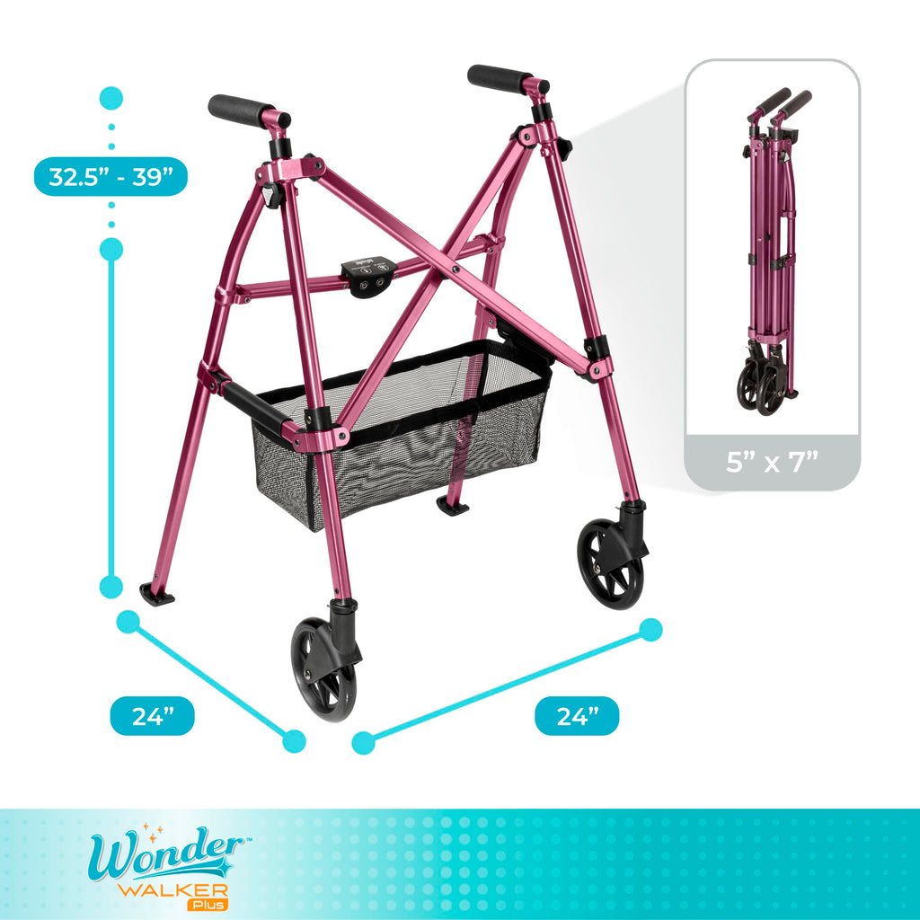 Stander Wonder Walker Plus, Lightweight Folding Mobility Aid for Adults, Seniors, and Elderly, Collapsible Travel EZ Fold-N-Go with Wheels, Glides, & Basket, Black Walnut