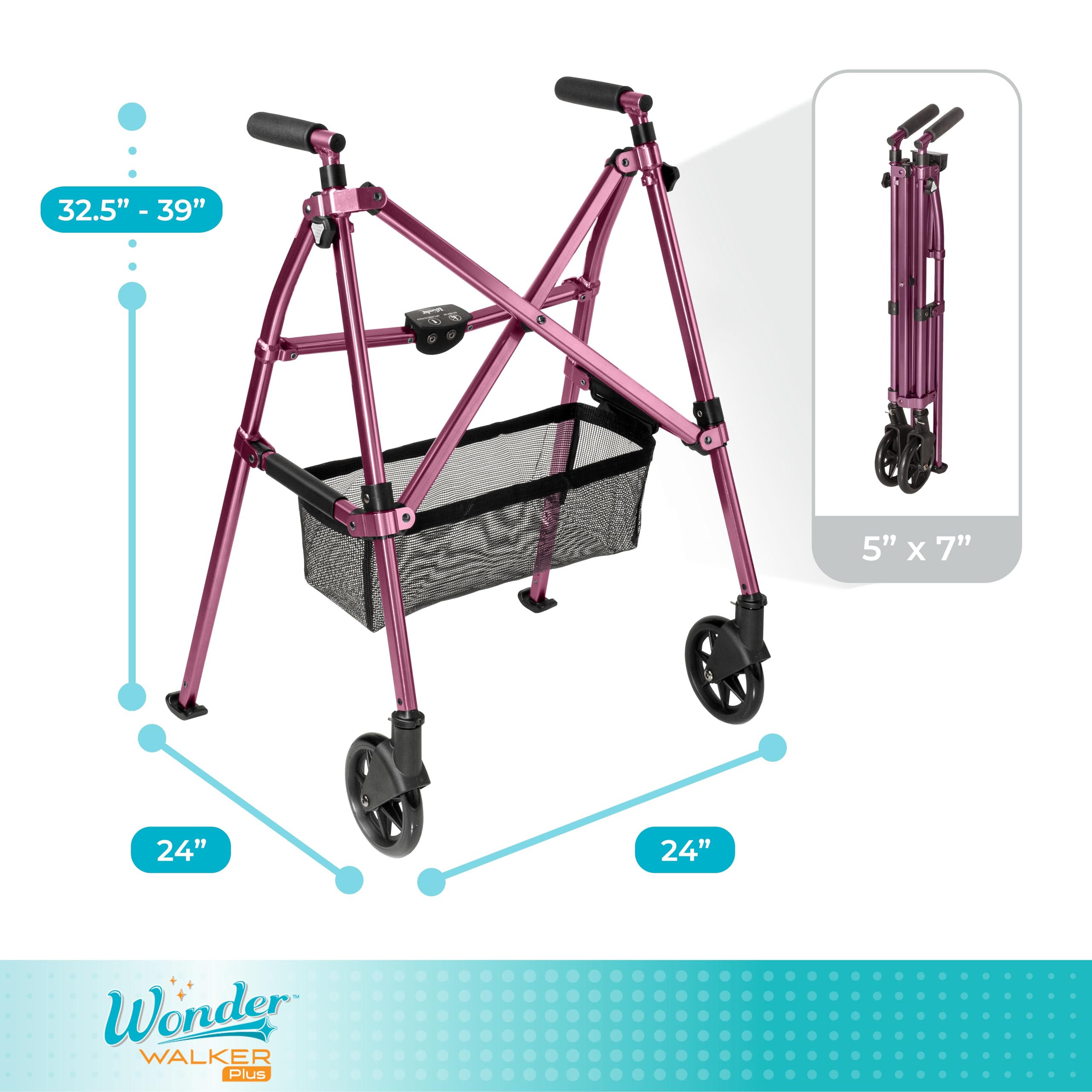 Stander Wonder Walker Plus, Lightweight Folding Mobility Aid for Adults, Seniors, and Elderly, Collapsible Travel EZ Fold-N-Go with Wheels, Glides, & Basket, Black Walnut