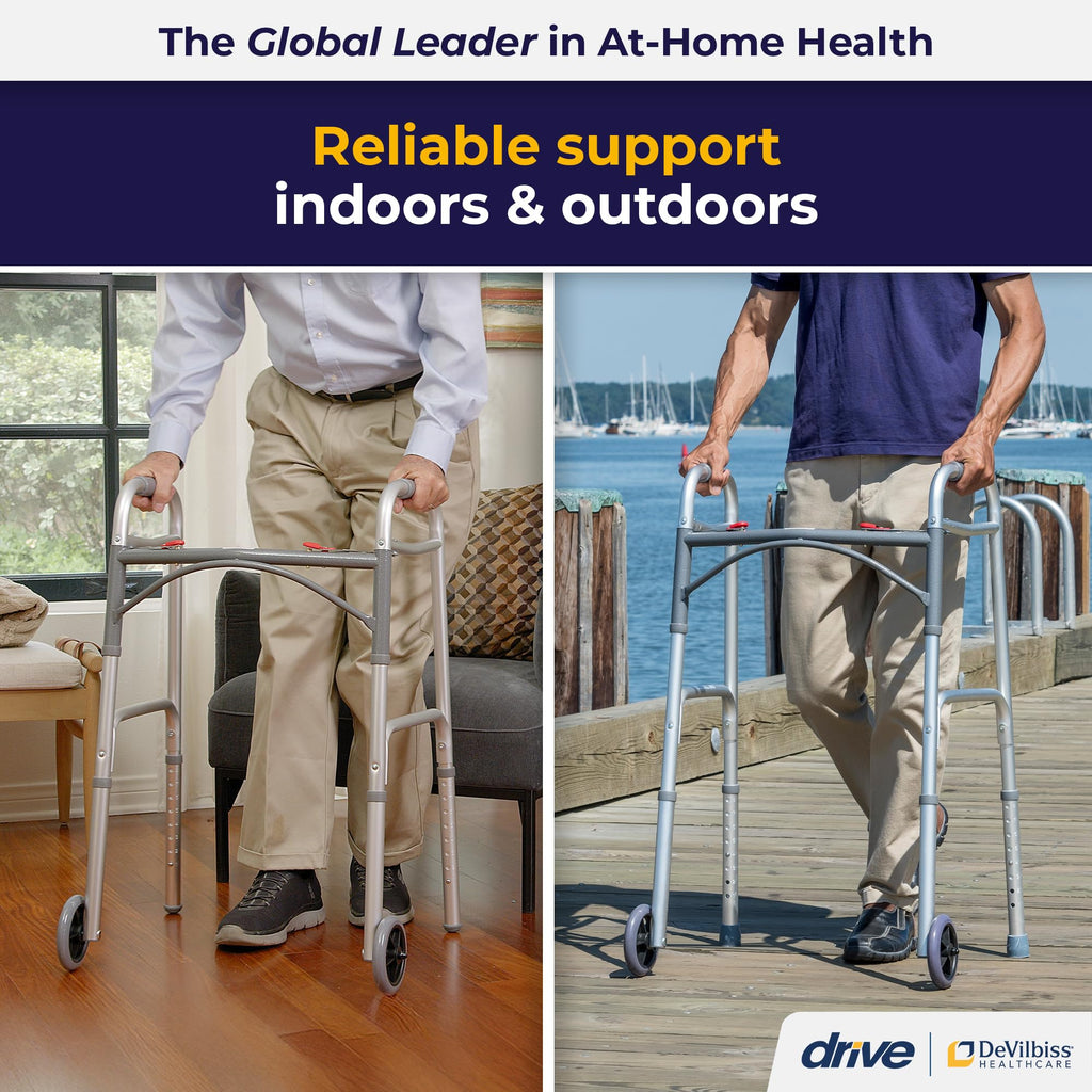 Drive Medical 10210-1 2-Button Folding Walker with Wheels, Rolling Walker, Front Wheel Walker, Lightweight Walkers for Seniors and Adults Weighing Up To 350 Pounds, Adjustable Height, Silver