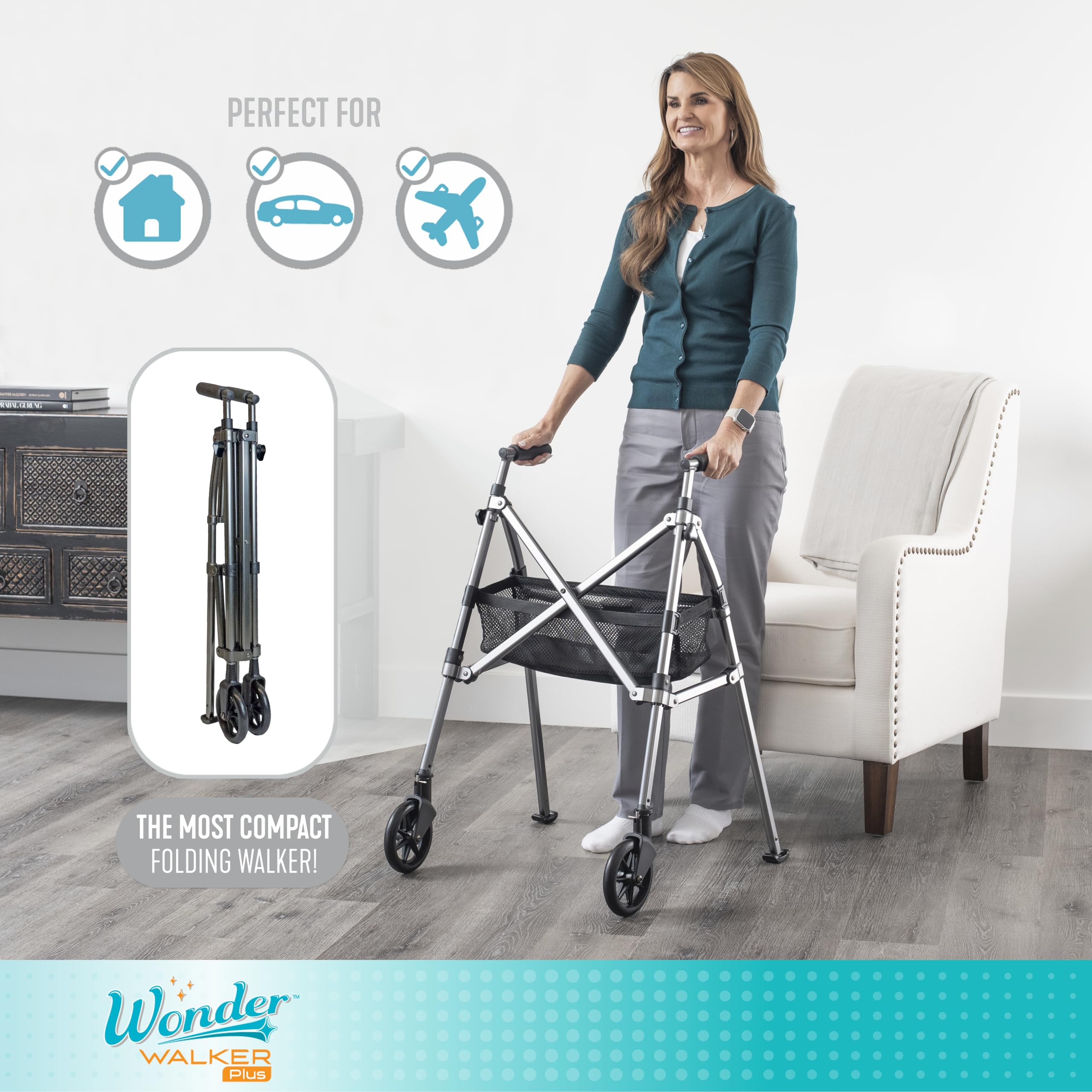 Stander Wonder Walker Plus, Lightweight Folding Mobility Aid for Adults, Seniors, and Elderly, Collapsible Travel EZ Fold-N-Go with Wheels, Glides, & Basket, Black Walnut