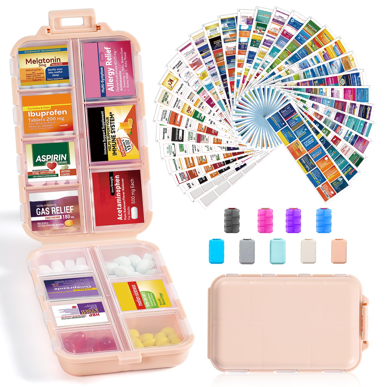 3 Pack 14 Grids Travel Pill Organizer Box with 415-Pcs Medicine Name Labels - Pocket Daily Pharmacy Case Container Kit - Travel Medication Holder Dispenser for Fish Oil Vitamin Supplement Storage