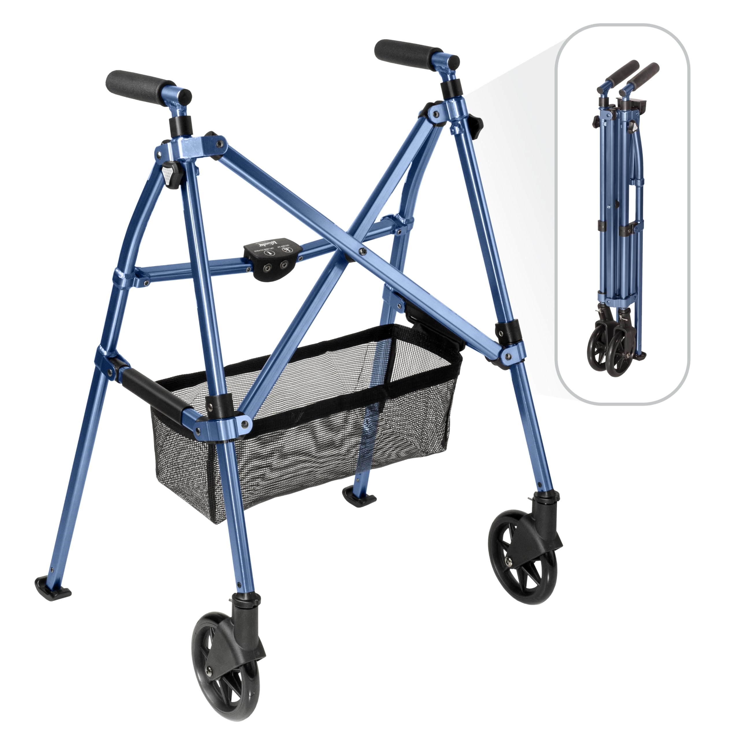 Stander Wonder Walker Plus, Lightweight Folding Mobility Aid for Adults, Seniors, and Elderly, Collapsible Travel EZ Fold-N-Go with Wheels, Glides, & Basket, Black Walnut