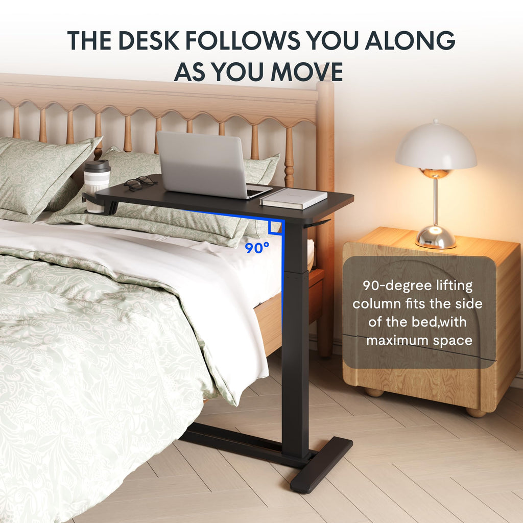 FLEXISPOT H7 Adjustable Overbed Bedside Table with Wheels Pneumatic Mobile Standing Desk Laptop Desk Rolling Computer Cart Movable Overbed Table Hospital Home Use(27.6" W x 15.7" D, White)