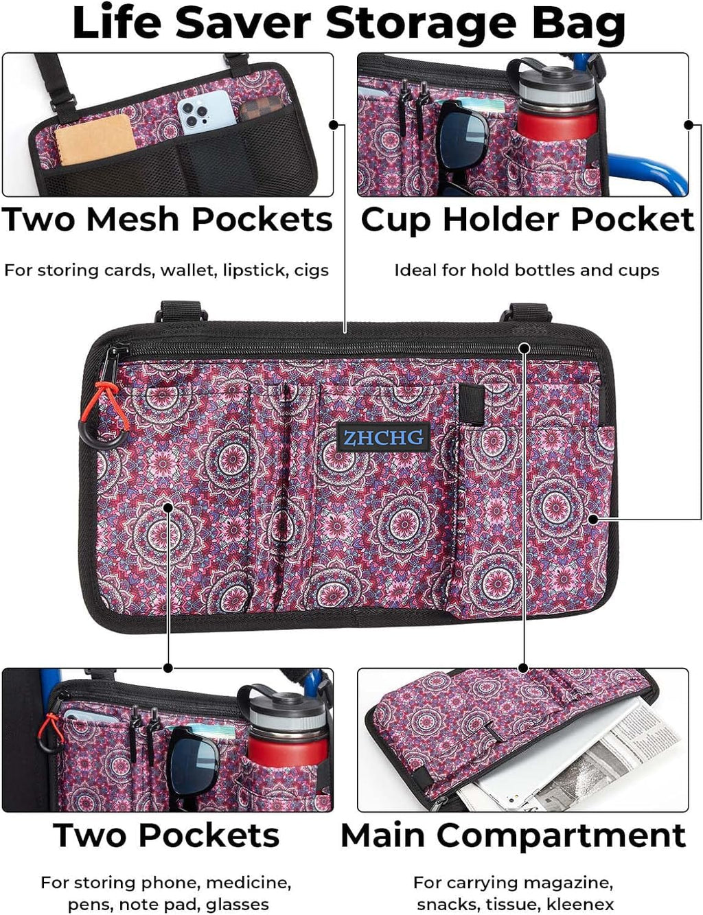2 Pack Wheelchair Side Bag with Cup Holder, Wheelchair Armrest Pouch Accessories for Walker, Rollator, Electric Scooter Wheelchairs, Ideal Gift for Mother's Day & Father's Day