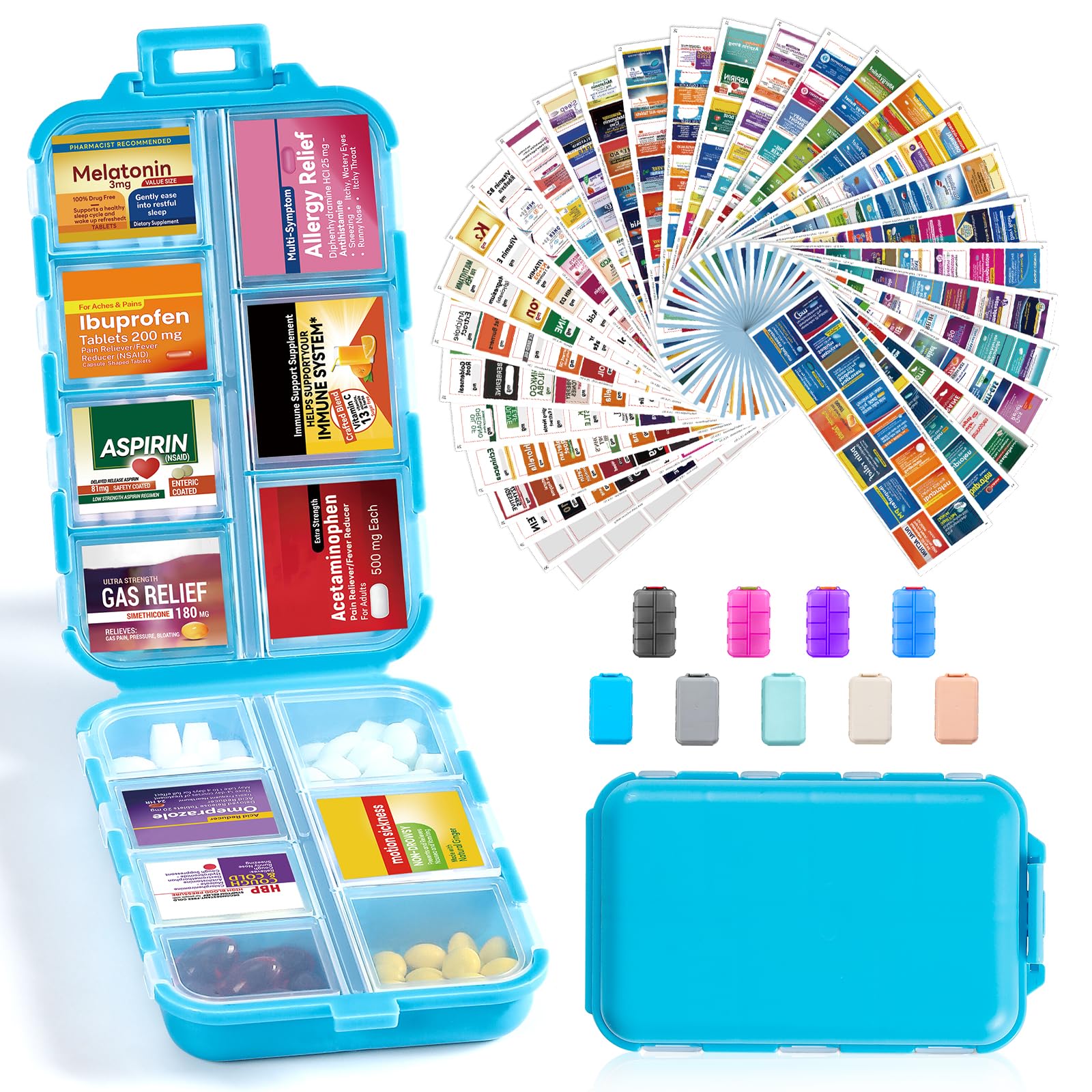 3 Pack 14 Grids Travel Pill Organizer Box with 415-Pcs Medicine Name Labels - Pocket Daily Pharmacy Case Container Kit - Travel Medication Holder Dispenser for Fish Oil Vitamin Supplement Storage