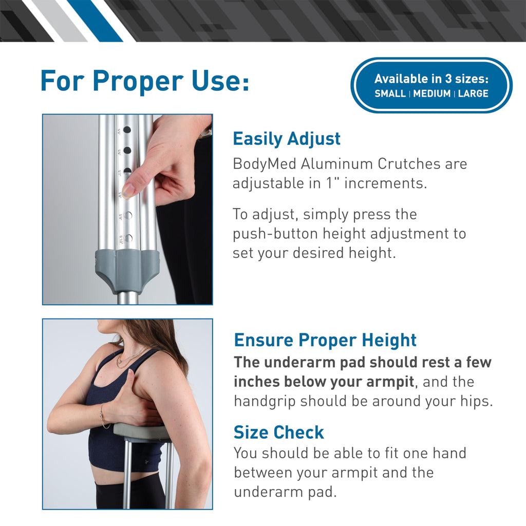 BodyMed Aluminum Crutches for Adults and Children – Pair of Lightweight, Height Adjustable Crutches – Includes Padded Underarm Cushions, Hand Grips, & Rubber Tips – Max. Weight Capacity 300 lb.