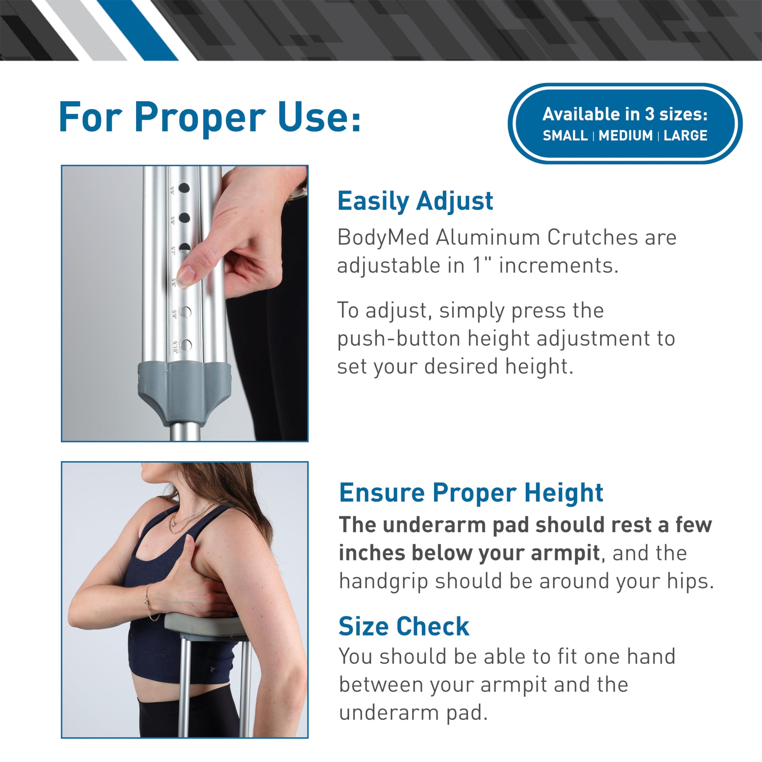 BodyMed Aluminum Crutches for Adults and Children – Pair of Lightweight, Height Adjustable Crutches – Includes Padded Underarm Cushions, Hand Grips, & Rubber Tips – Max. Weight Capacity 300 lb.