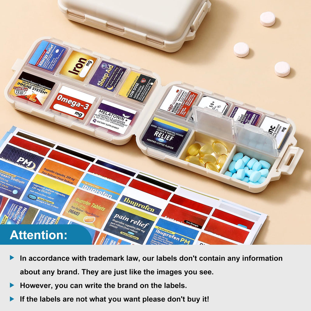 3 Pack 14 Grids Travel Pill Organizer Box with 415-Pcs Medicine Name Labels - Pocket Daily Pharmacy Case Container Kit - Travel Medication Holder Dispenser for Fish Oil Vitamin Supplement Storage