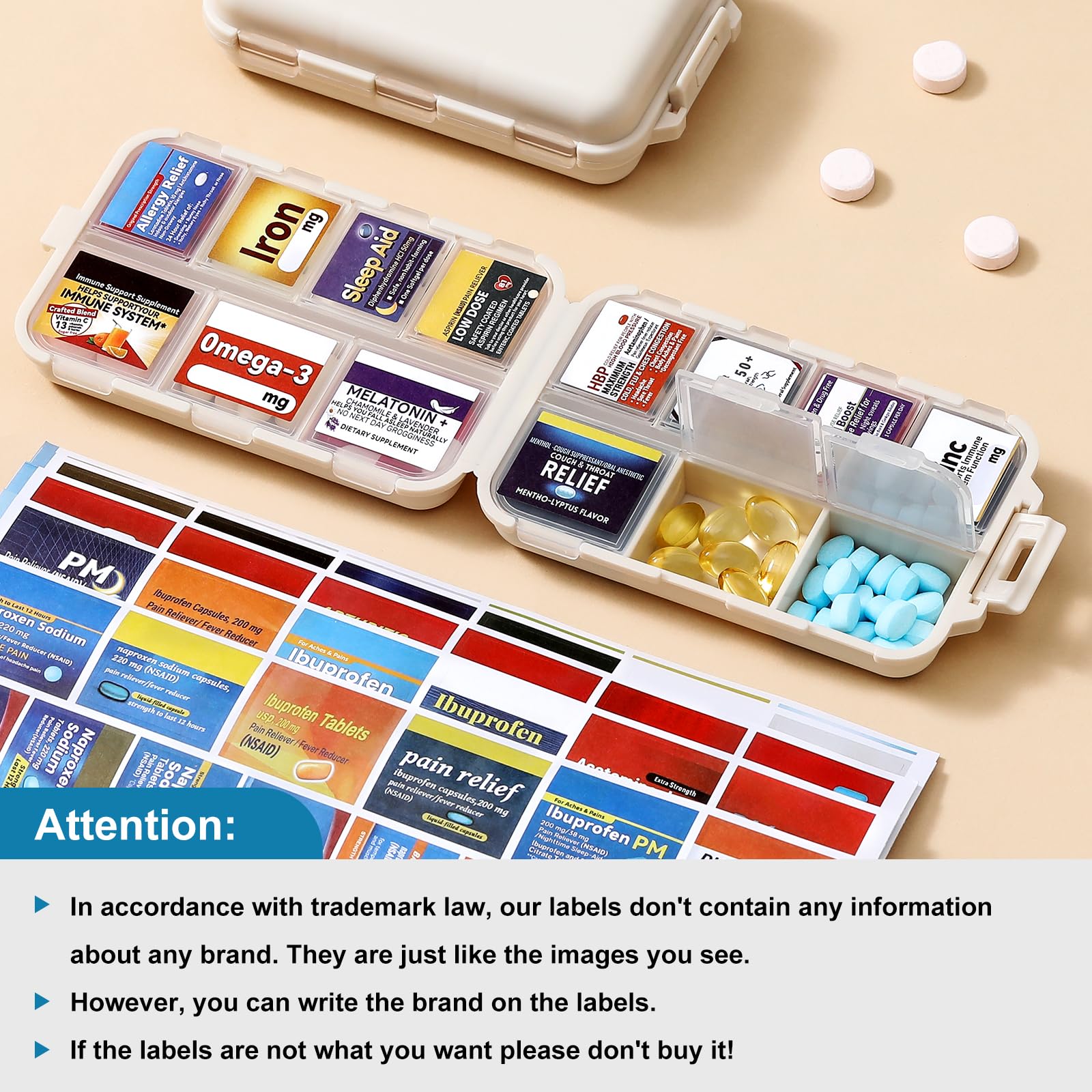 3 Pack 14 Grids Travel Pill Organizer Box with 415-Pcs Medicine Name Labels - Pocket Daily Pharmacy Case Container Kit - Travel Medication Holder Dispenser for Fish Oil Vitamin Supplement Storage
