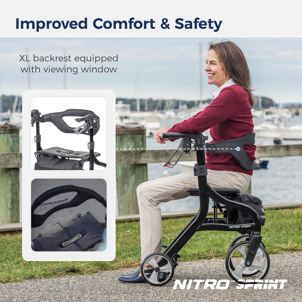 Drive Medical Nitro Sprint Foldable Rollator Walker with Seat, Standard Height Lightweight Large Wheels, Folding Rolling Walker, Red 1 Count 19 pounds