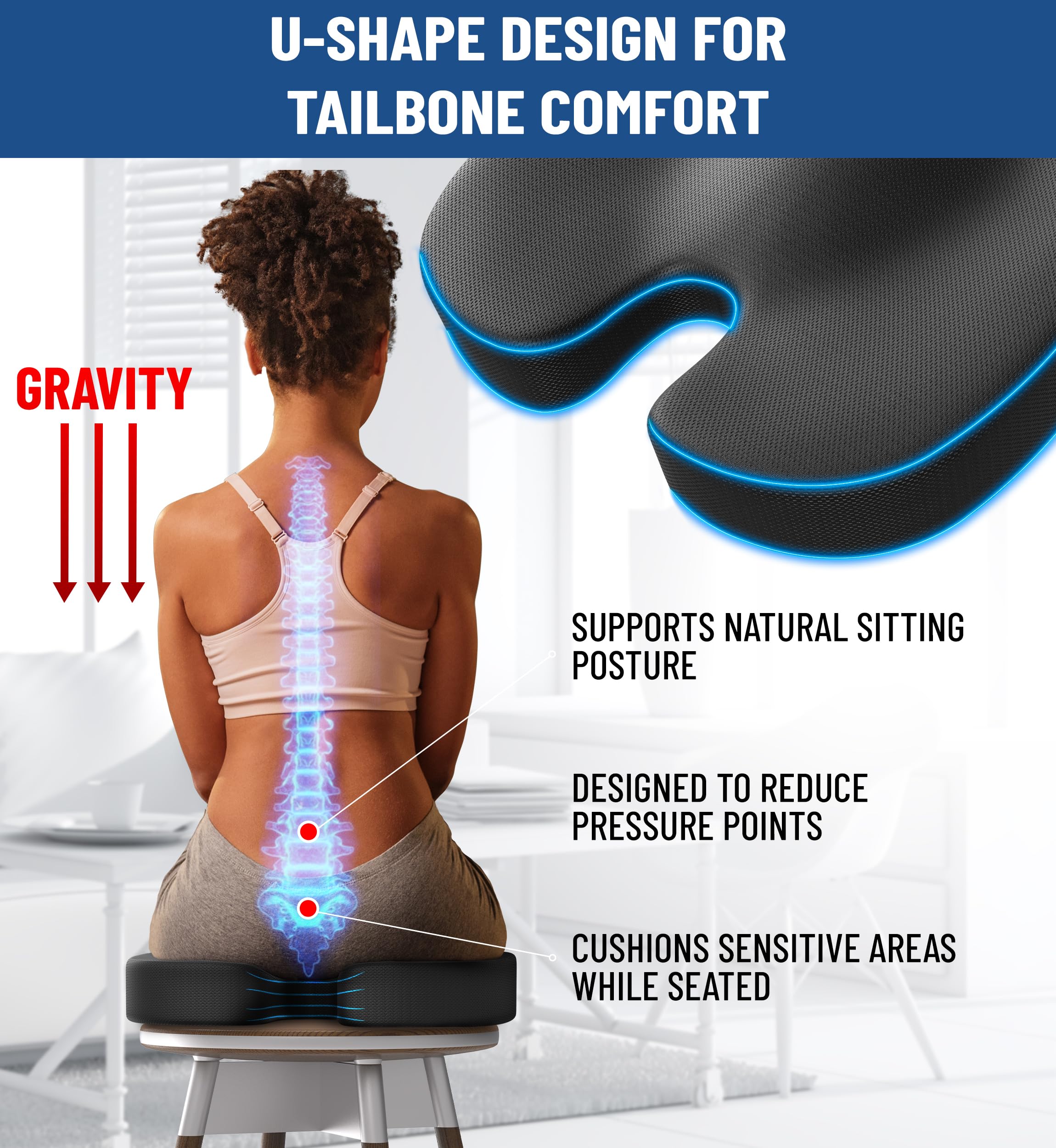 Everlasting Comfort Doctor Recommended Memory Foam Seat Cushion for Office Chairs & Car Seat - Ergonomic Office Desk Accessories for Tailbone Pain Relief, Sciatica & Back Support