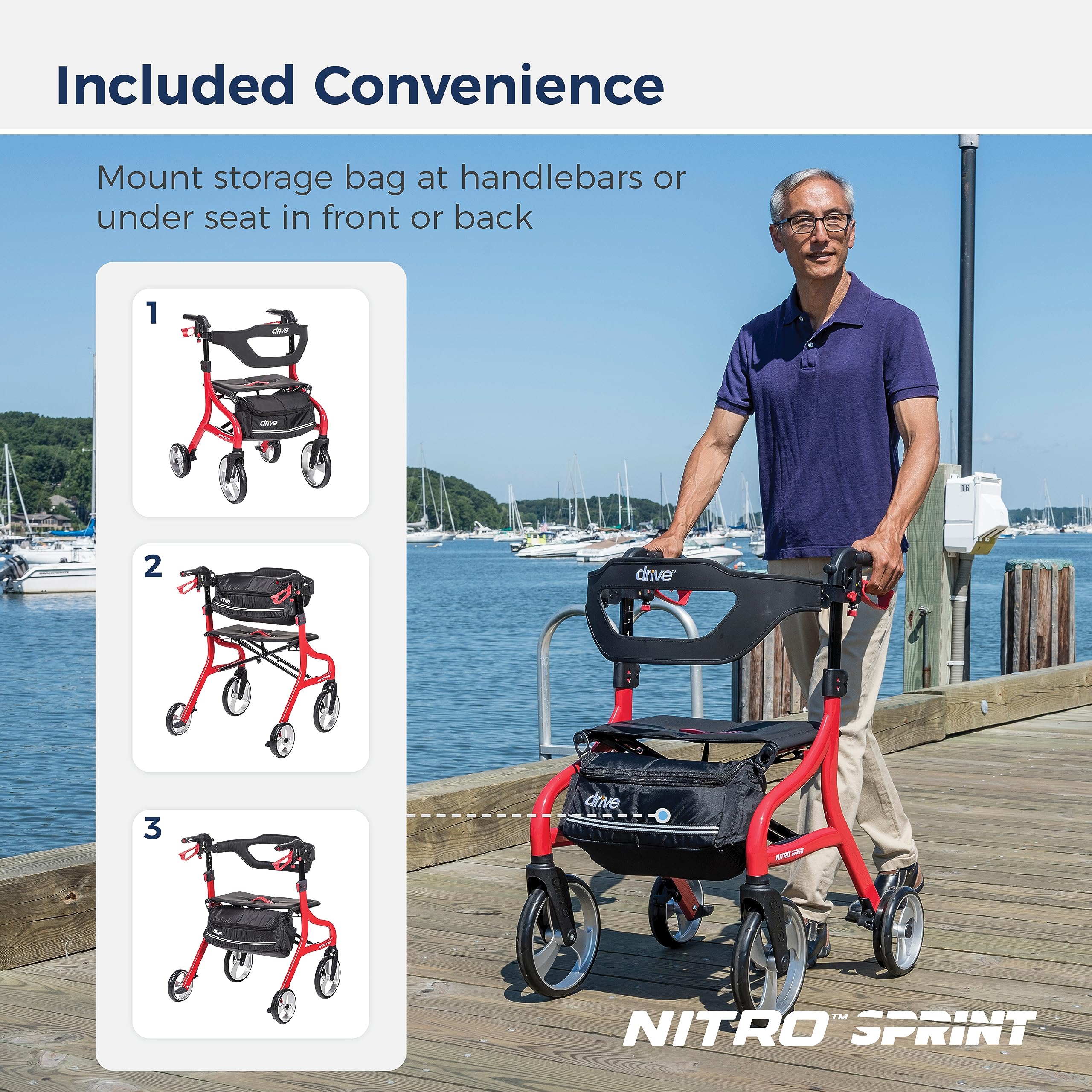Drive Medical Nitro Sprint Foldable Rollator Walker with Seat, Standard Height Lightweight Large Wheels, Folding Rolling Walker, Red 1 Count 19 pounds