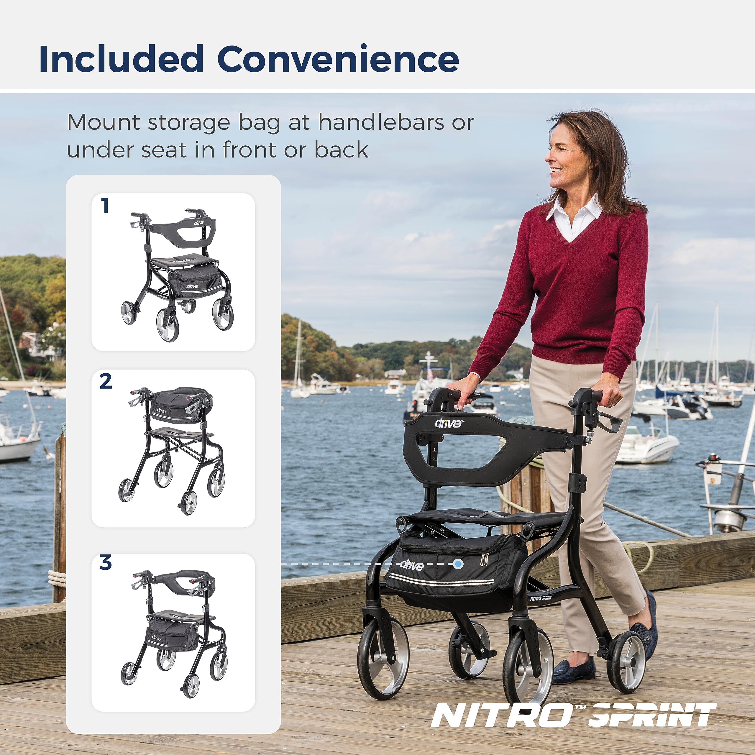 Drive Medical Nitro Sprint Foldable Rollator Walker with Seat, Standard Height Lightweight Large Wheels, Folding Rolling Walker, Red 1 Count 19 pounds