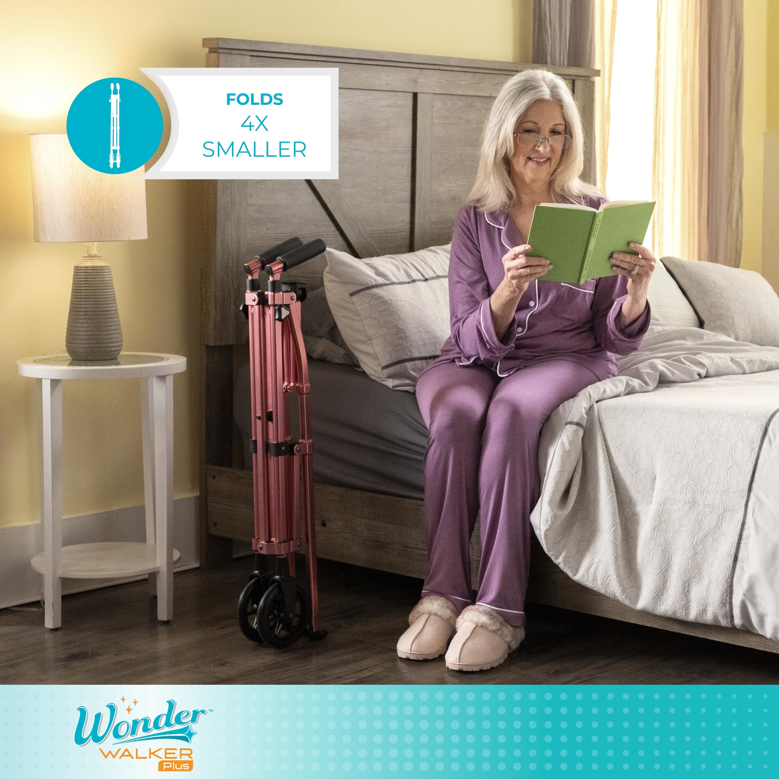 Stander Wonder Walker Plus, Lightweight Folding Mobility Aid for Adults, Seniors, and Elderly, Collapsible Travel EZ Fold-N-Go with Wheels, Glides, & Basket, Black Walnut
