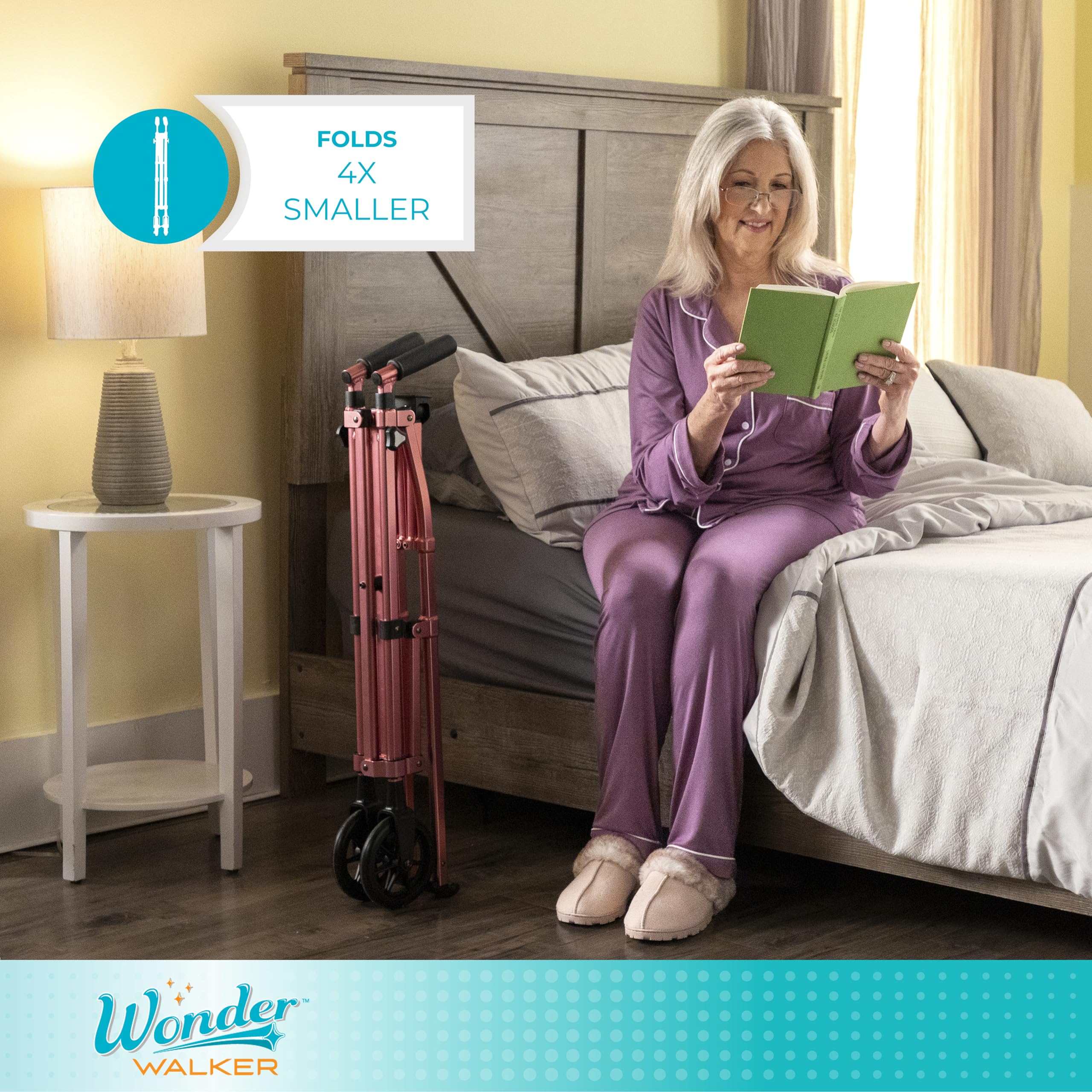 Stander Space Saver Walker, Lightweight Folding Rolling Mobility Aid for Seniors & Adults, Compact 2-Wheel Disability Device with 6-inch Wheels & Ski Glides for Walking Support, Cobalt Blue