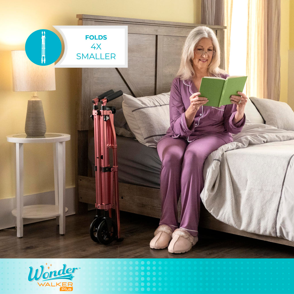Stander Wonder Walker Plus, Lightweight Folding Mobility Aid for Adults, Seniors, and Elderly, Collapsible Travel EZ Fold-N-Go with Wheels, Glides, & Basket, Black Walnut