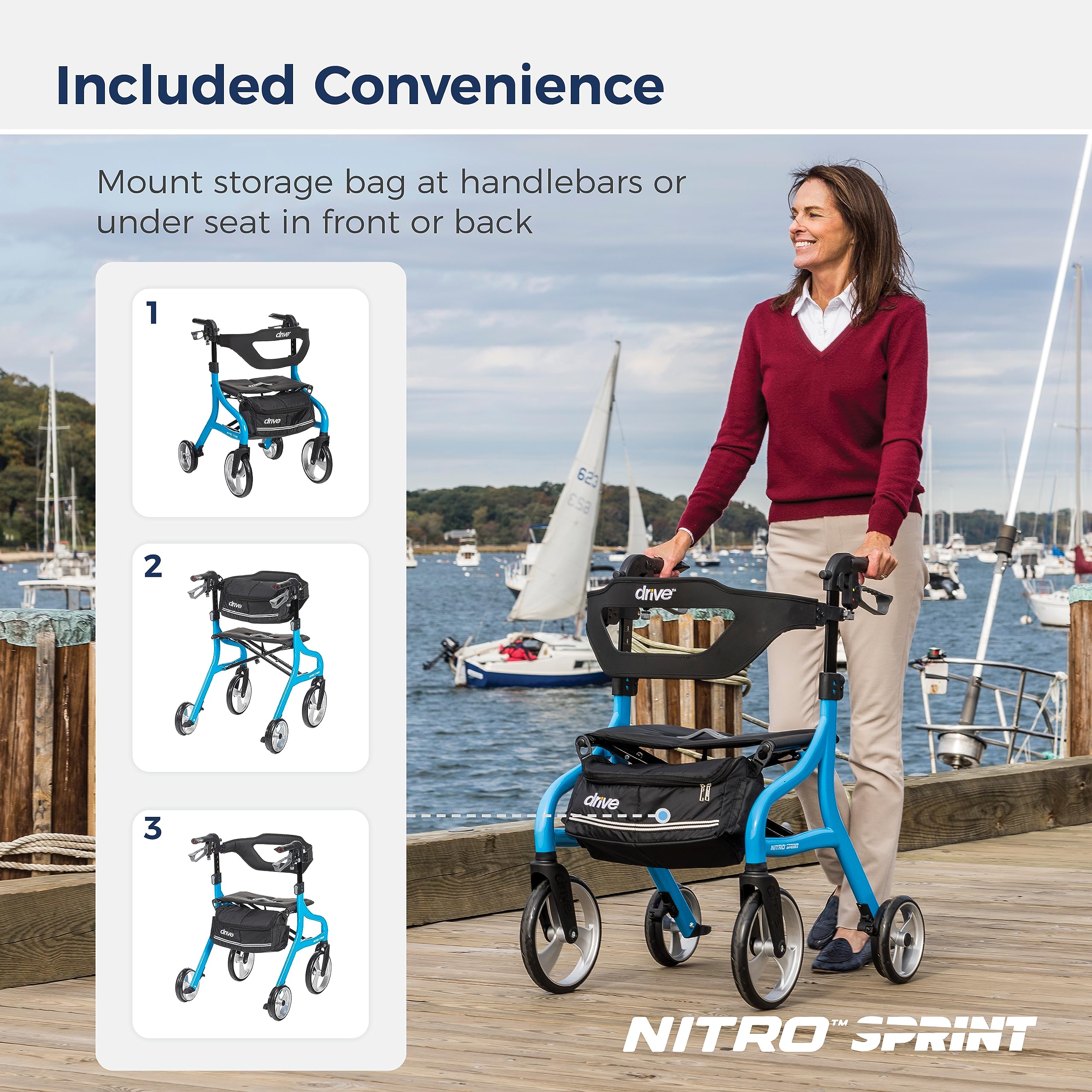 Drive Medical Nitro Sprint Foldable Rollator Walker with Seat, Standard Height Lightweight Large Wheels, Folding Rolling Walker, Red 1 Count 19 pounds