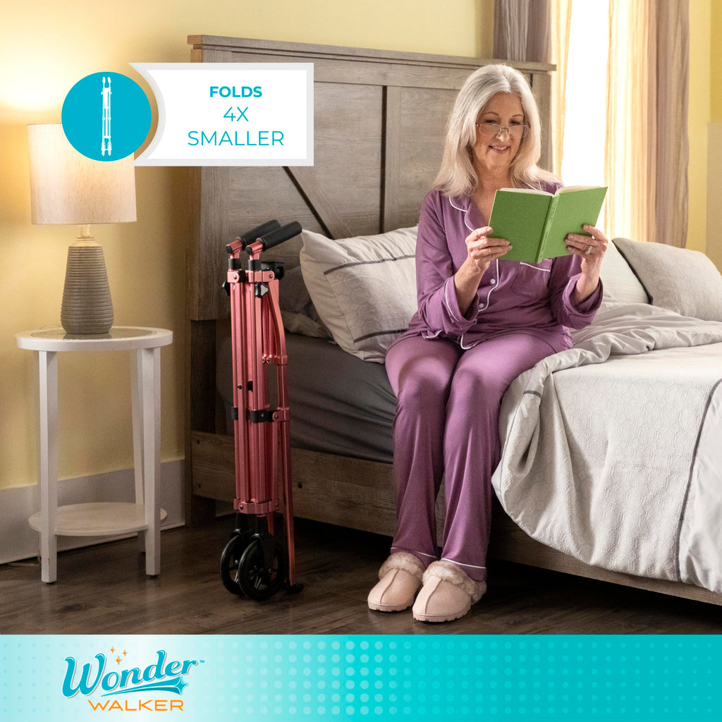 Stander Space Saver Walker, Lightweight Folding Rolling Mobility Aid for Seniors & Adults, Compact 2-Wheel Disability Device with 6-inch Wheels & Ski Glides for Walking Support, Cobalt Blue
