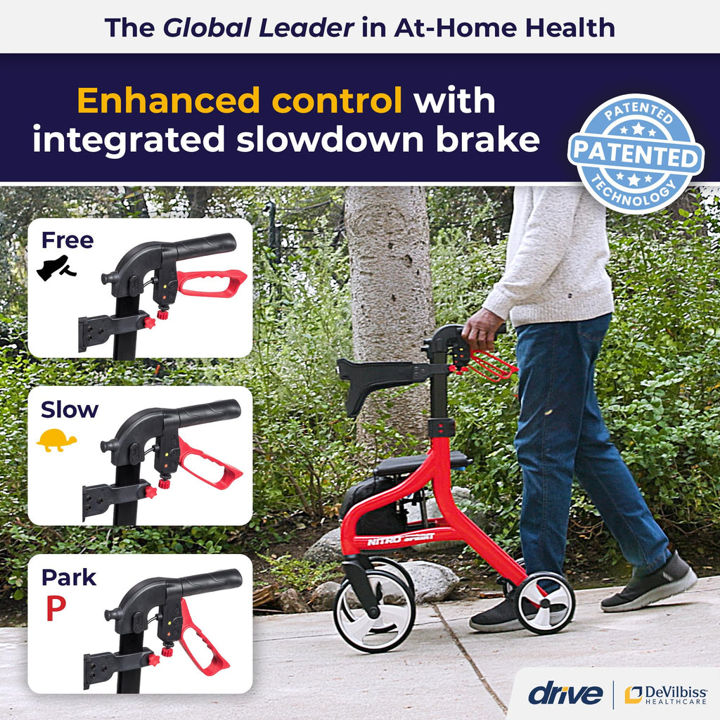 Drive Medical Nitro Sprint Foldable Rollator Walker with Seat, Standard Height Lightweight Large Wheels, Folding Rolling Walker, Red 1 Count 19 pounds