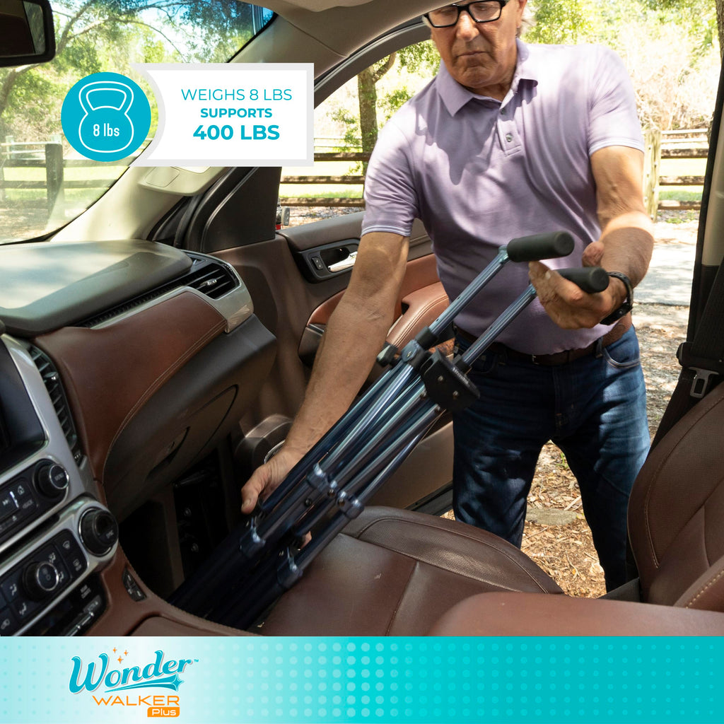 Stander Wonder Walker Plus, Lightweight Folding Mobility Aid for Adults, Seniors, and Elderly, Collapsible Travel EZ Fold-N-Go with Wheels, Glides, & Basket, Black Walnut