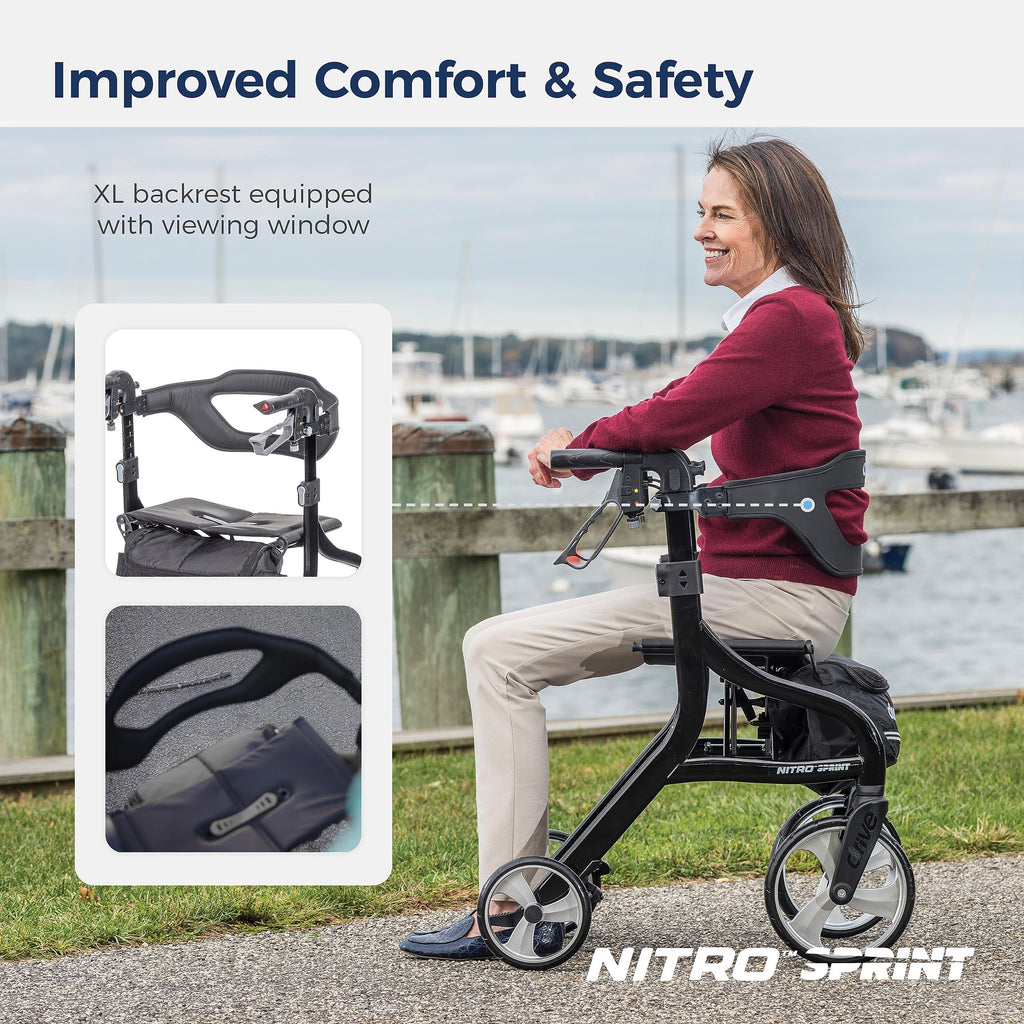 Drive Medical Nitro Sprint Foldable Rollator Walker with Seat, Standard Height Lightweight Large Wheels, Folding Rolling Walker, Red 1 Count 19 pounds