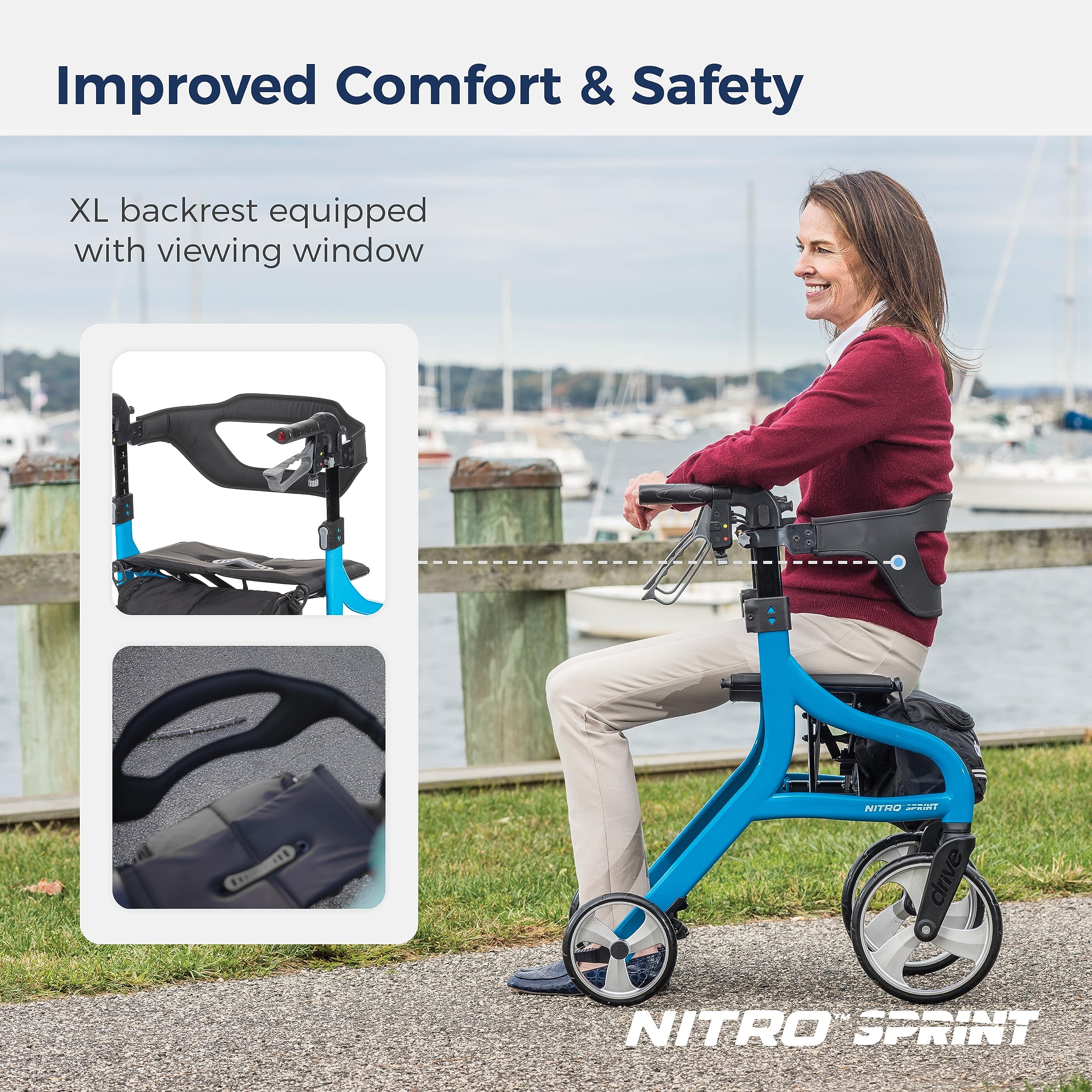 Drive Medical Nitro Sprint Foldable Rollator Walker with Seat, Standard Height Lightweight Large Wheels, Folding Rolling Walker, Red 1 Count 19 pounds