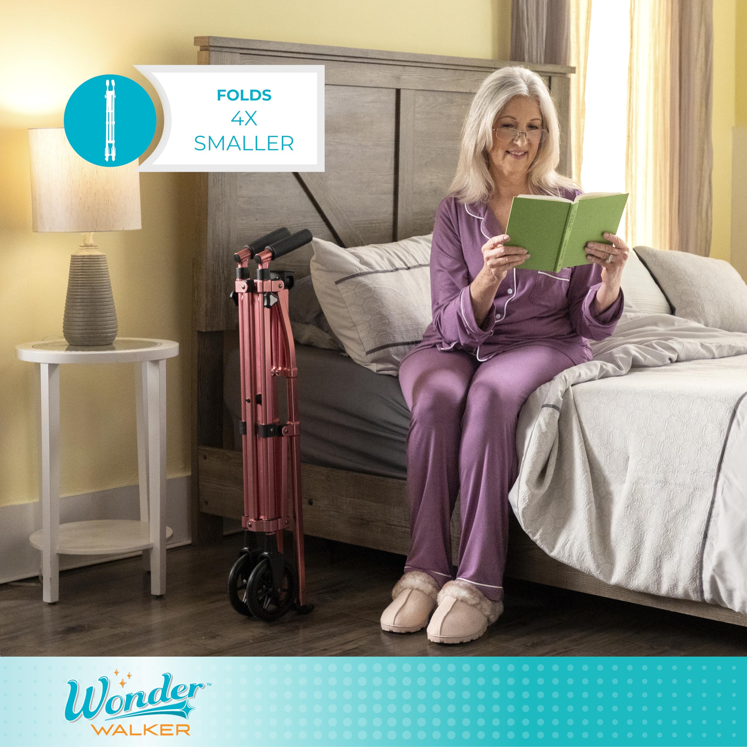 Stander Space Saver Walker, Lightweight Folding Rolling Mobility Aid for Seniors & Adults, Compact 2-Wheel Disability Device with 6-inch Wheels & Ski Glides for Walking Support, Cobalt Blue